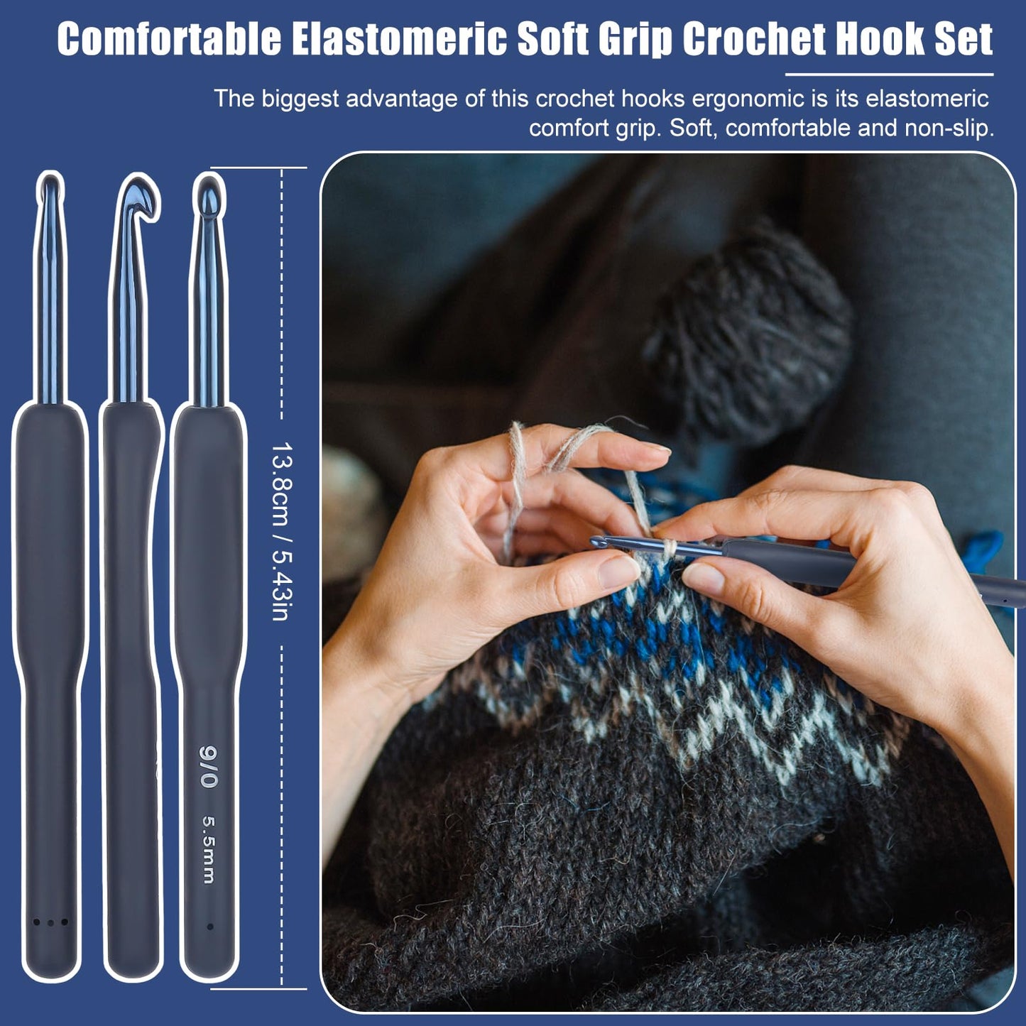 Coopay Dark Blue Crochet Hooks Ergonomic Soft Grips, 9PCS Crochet Set Aluminum Crochet Needle for Beginners/Professionals, Ergonomic Crochet Hook Set for Arthritic Hands, Ideal Crochet Accessories