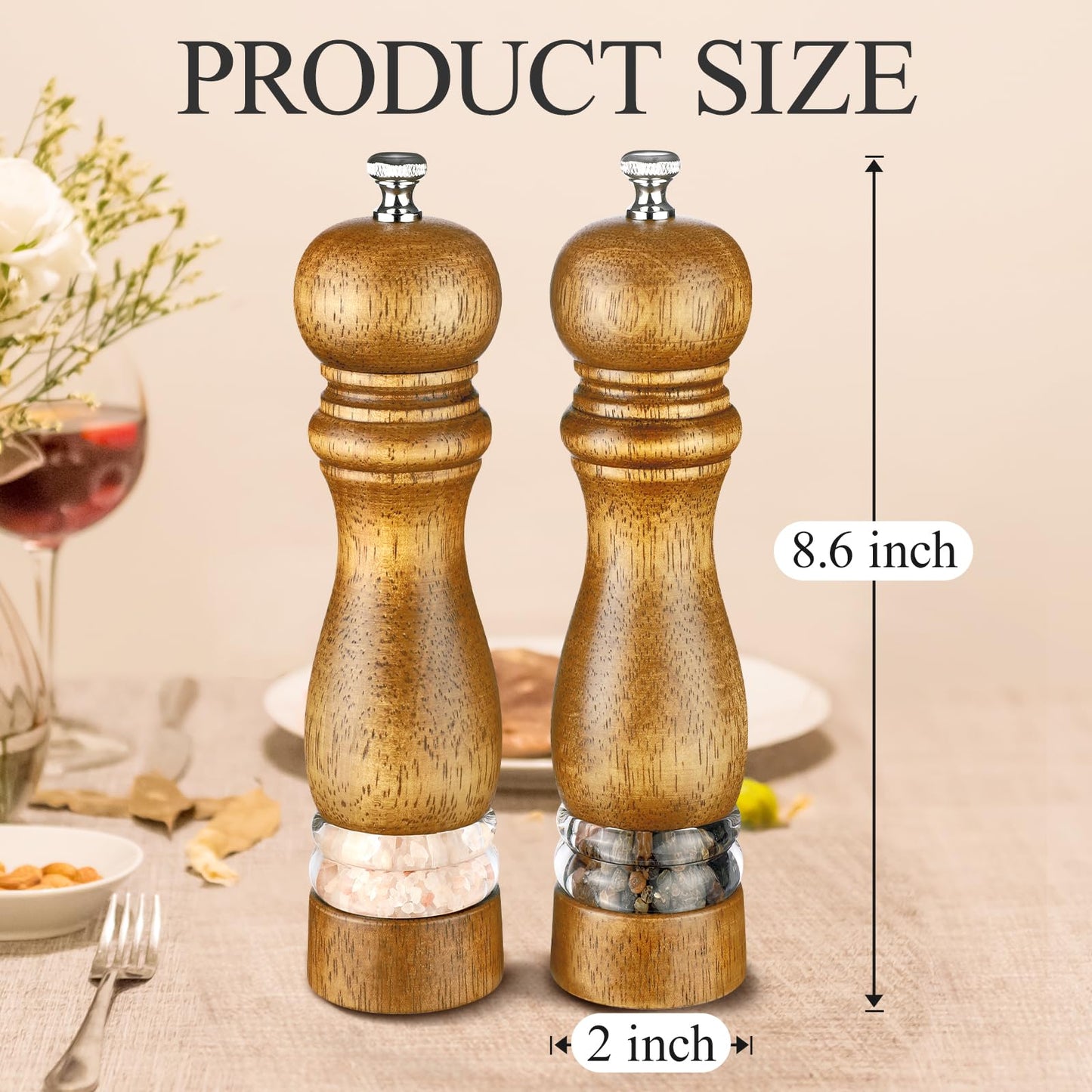 VONTIQUE 8inch salt and pepper grinder set manual salt pepper shakers wooden pepper mill refillable With adjustable ceramic grinding core Acrylic visualization window design 2-pieces