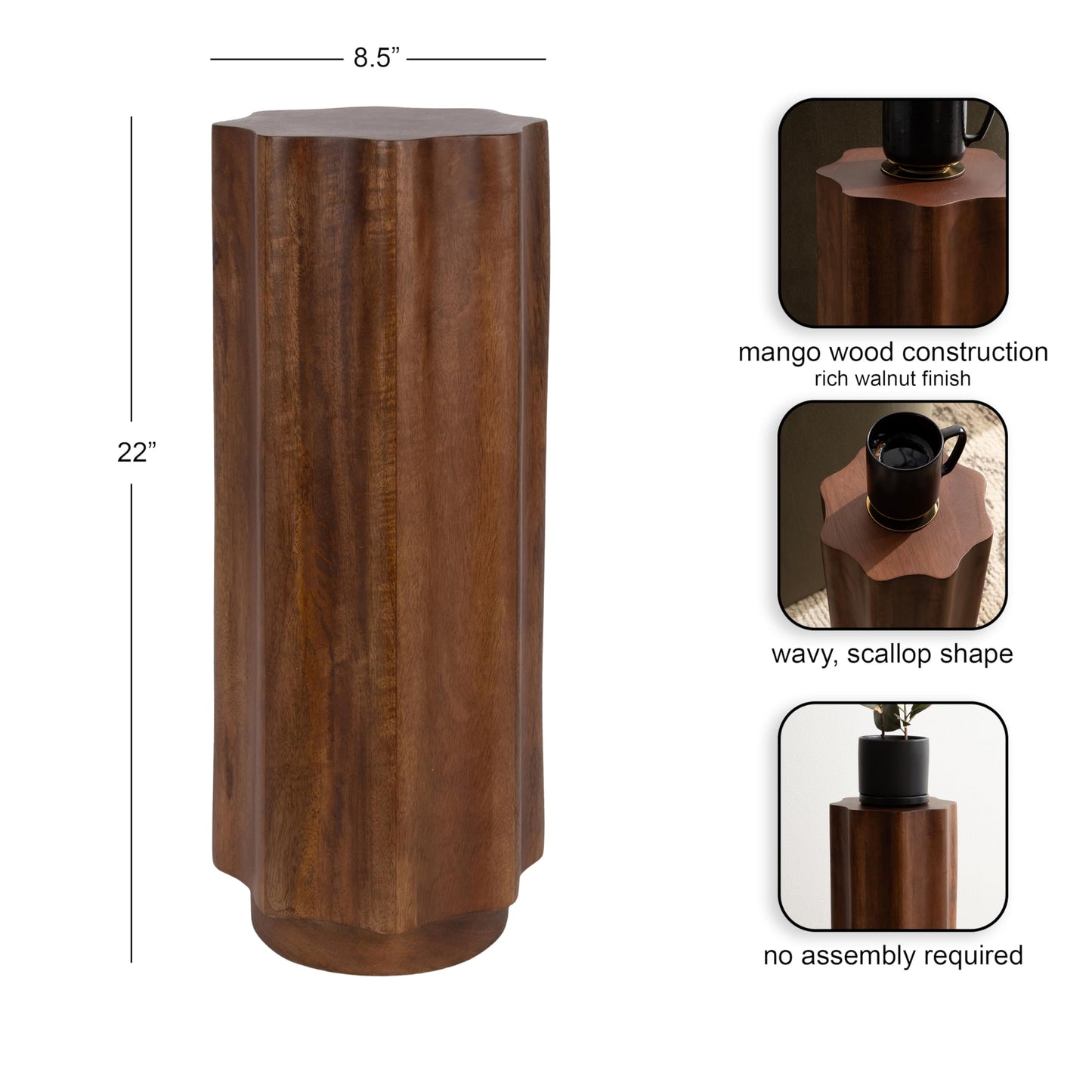 Kate and Laurel Pandey Modern Mango Wood Wavy Drink Table, 9 x 9 x 22, Walnut Brown, Curvy Mini Table for Use as a Pedestal Plant Stand Indoors or as a Small Nightstand Option