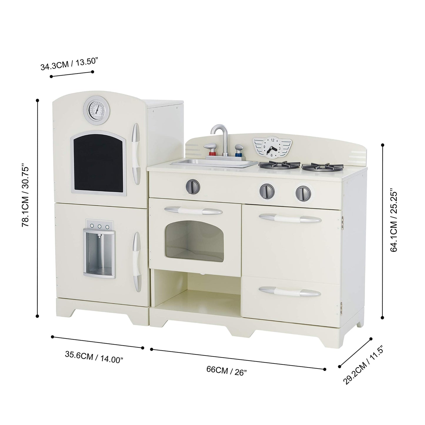 Teamson Kids Little Chef Fairfield Retro Modular Interactive Wooden Play Kitchen with Refrigerator, Sink, Stove, and Storage Space for Easy Clean Up, Off-White with Chrome Accents