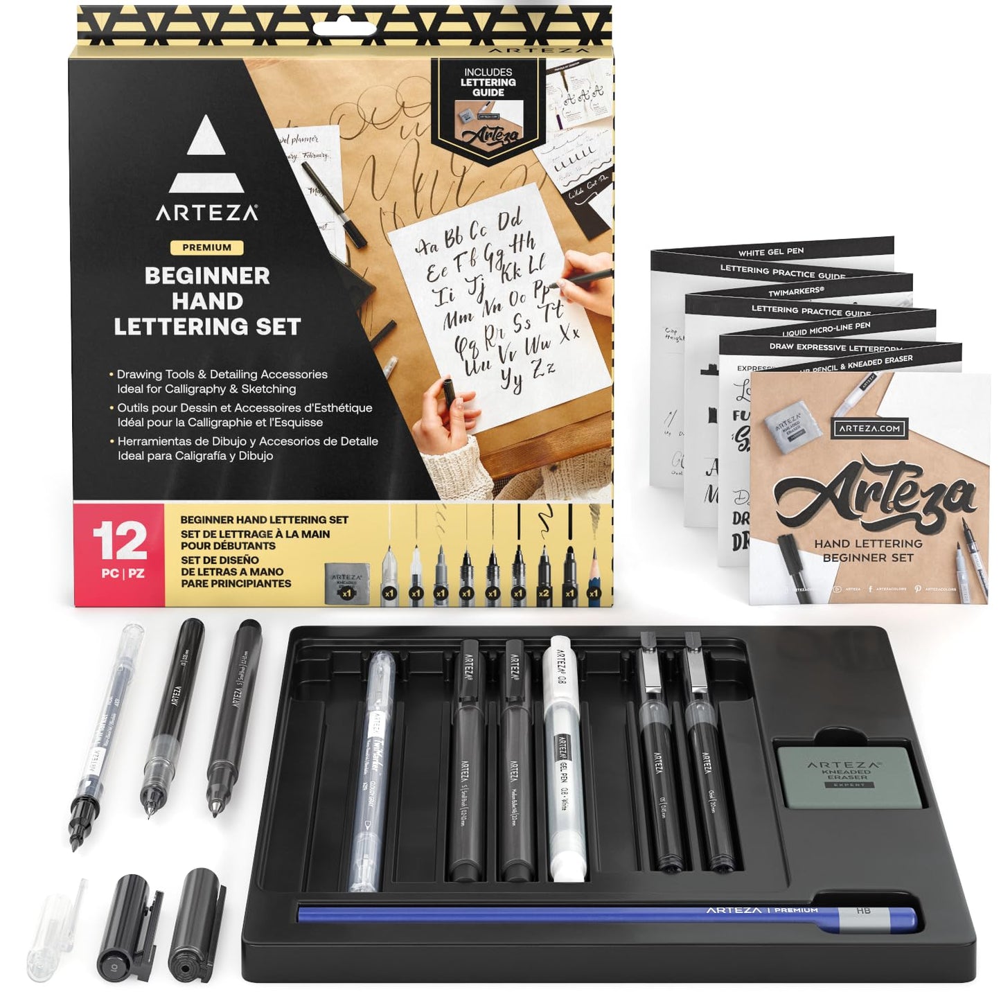 ARTEZA Hand Lettering Pens Set of 12 – Calligraphy and Brush Pens with Guidebook, Pencil, Eraser for Beginners Learning Hand Lettering and Decorative Writing