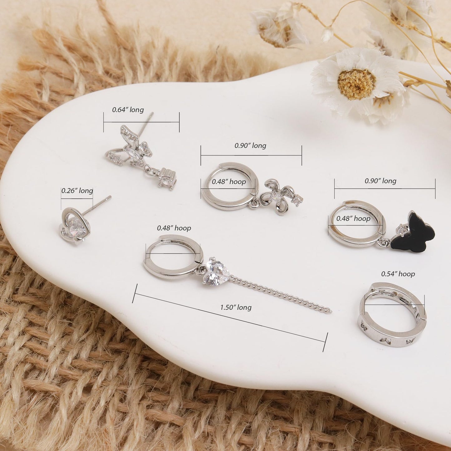 Frigotine Silver Butterfly Heart Small Hoop Stud Earrings Stack Set for Women, Dainty Sparkly Rhinestone Crystal Drop Multiple Piercing Cartilage Huggie Earing Holiday Prom Fashion Jewelry Gift