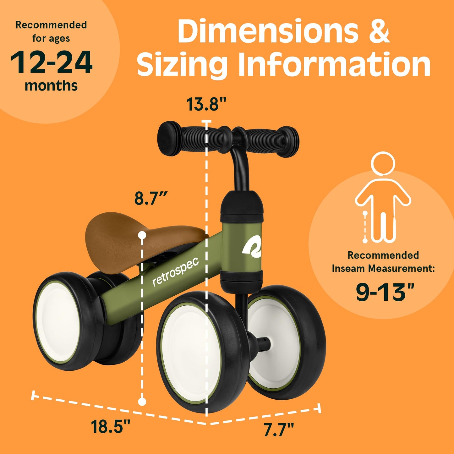 Retrospec Cricket Baby Balance Bike, 4-Wheel Ride-On Toy for Ages 12-24 Months – First Bike & Toddler Bike for 1 Year Old Boys & Girls, First Birthday Gift