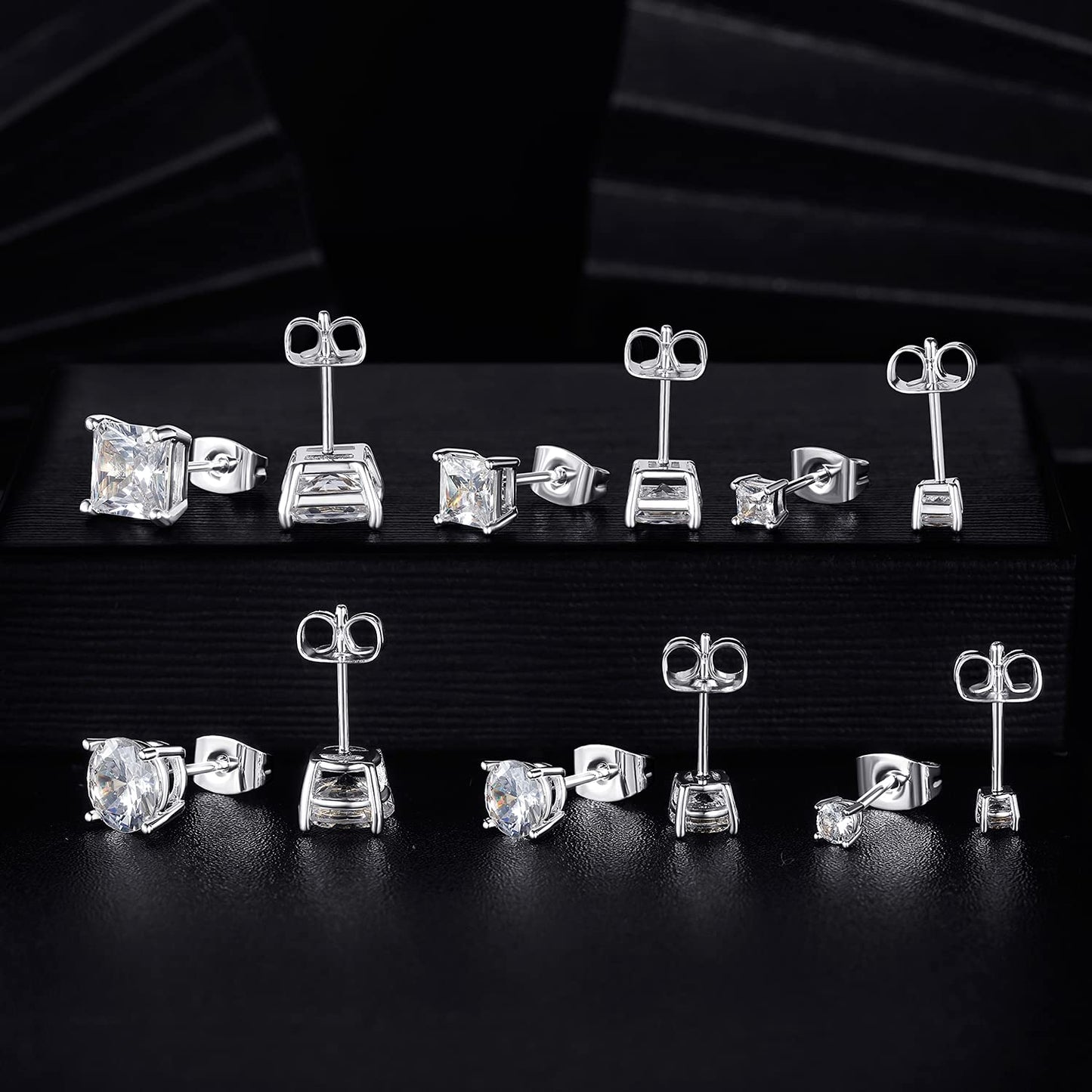 18K White Gold Plated Round Princess Cut Clear Cubic Zirconia Stud Earring of 6 Pairs (6 Pairs)