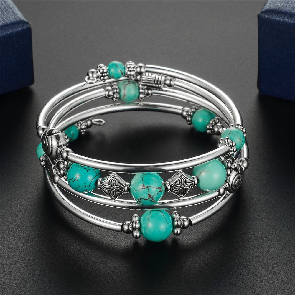 Beaded Pearl Bangle Wrap Bracelet - Fashion Bohemian Jewelry Multilayer Charm Bracelet with Thick Silver Metal Beads, Gift For Women(Turquoise)