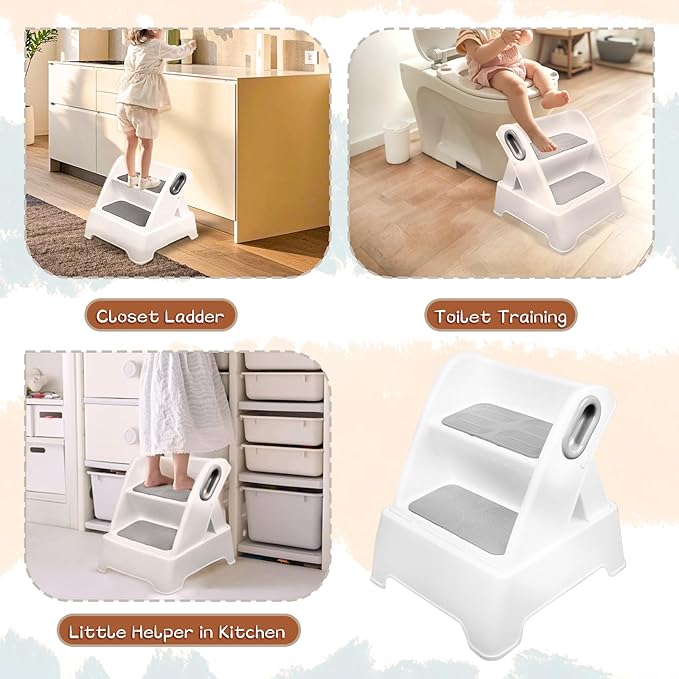 Foldable Two Step Stool for Toddlers,Kids stools for Bathroom,Non-Slip with Handles Kids Step Stool for Bathroom Sink,Toilet Bedroom,Potty Training,Kitchen (Gray)