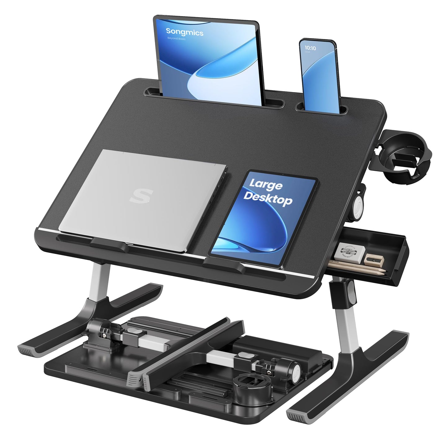 SONGMICS Bed Laptop Desk, Foldable Bed Desk for Laptop, 15.7 x 22 Inches Large Desktop, 120° Stepless Tilt, Adjustable Height, Cup Holder, Tray, Portable Bed Sofa Table, Ink Black ULLD113BC01