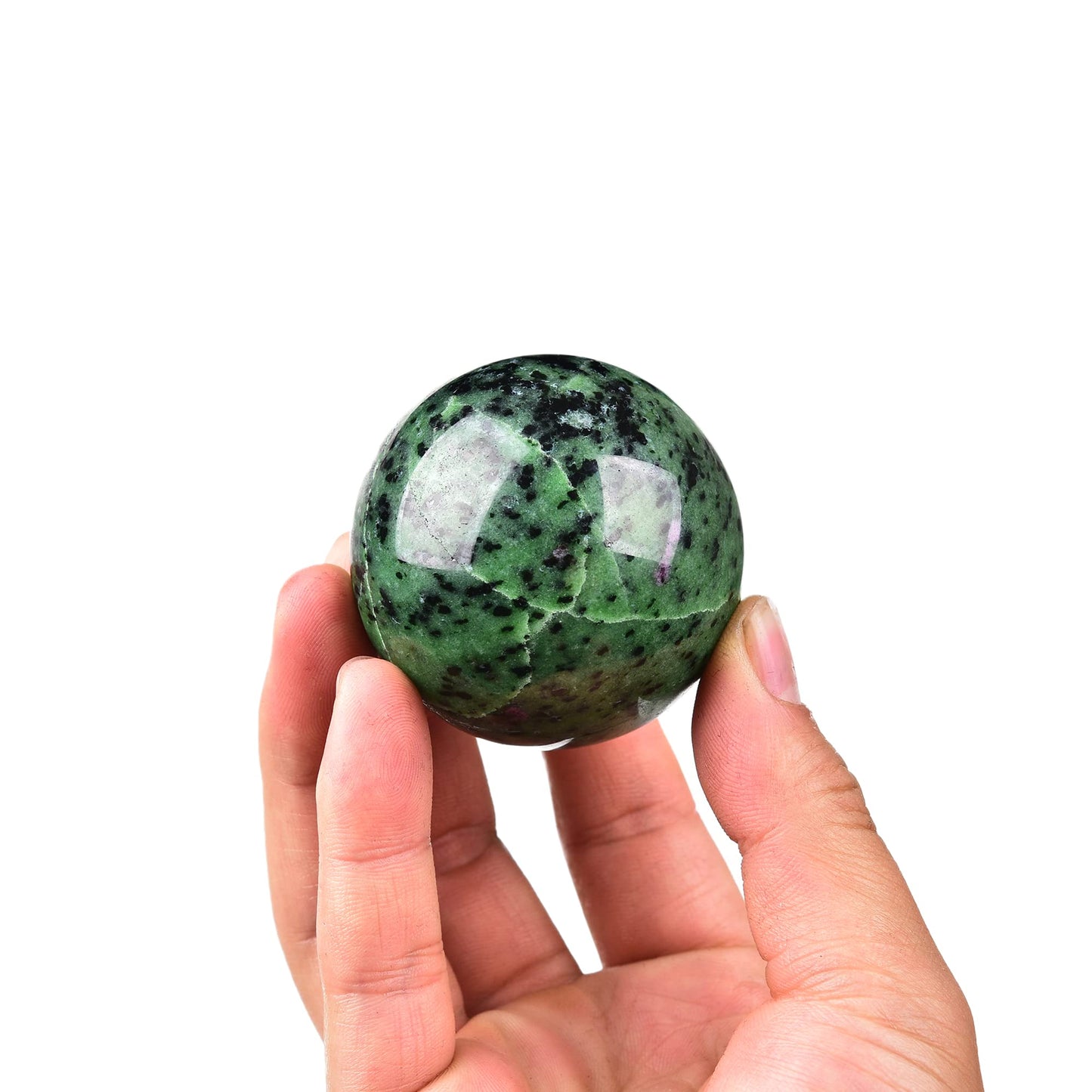 JIC Gem Small Red&Green Treasure Crystal Sphere Ball Natural Ruby Zoisite Healing Crystal Ball with Decoative Stand for Fengshui Meditation Decoation (50-60mm)