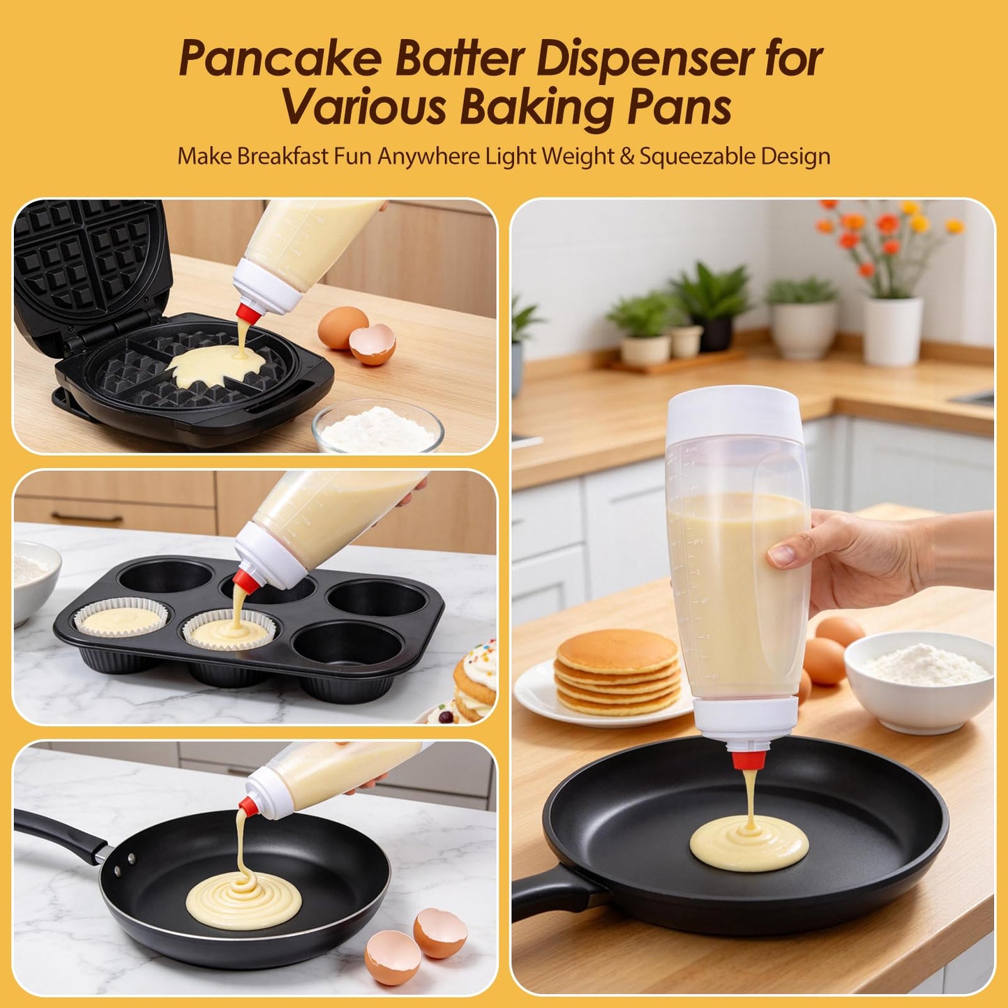 Pancake Batter Dispenser Bottle Kit with 7 Accessories, 1000ml Silicone Squeeze Pancake Mixer Bottle with Whisk Ball and Stand Base, Pancake Shaker Bottles for Cupcakes Muffins Waffle Crepes(2pack)