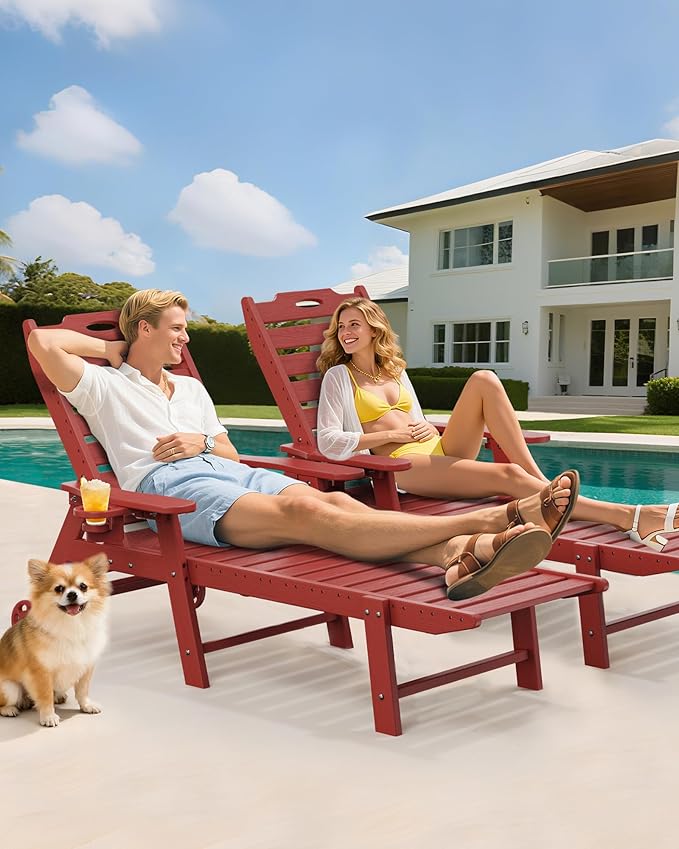 Carauci Lounge Chair Outdoor Set of 4, HDPE Chaise Lounge with Wheels, 5-Position Adjustable Backrest & 2 Cup Holders Patio Lounge Chair, All-Weather Pool Sun Lounger for Poolside, Backyard, Red