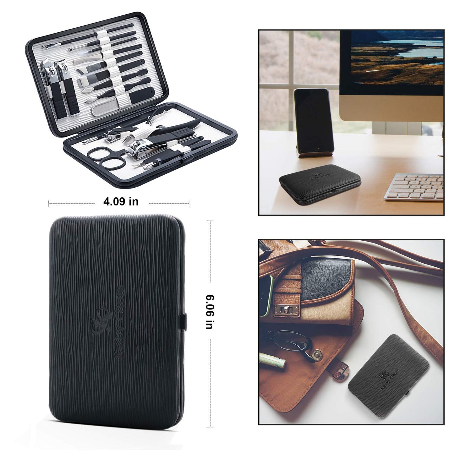 Keiby Citom Professional Stainless Steel Nail Clipper Travel & Grooming Kit Nail Tools Manicure & Pedicure Set of 18pcs with Luxurious Case (Black/White)