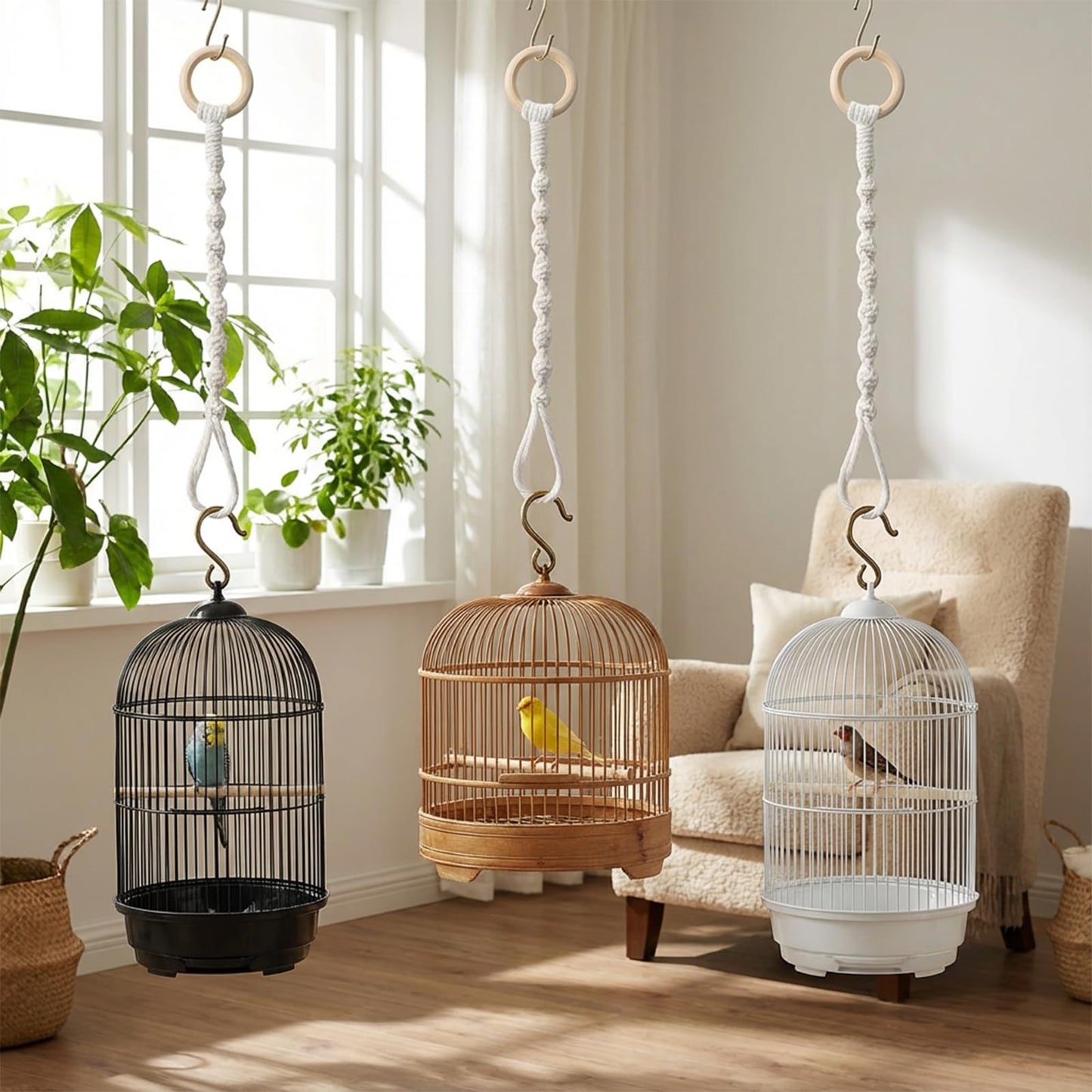 Qulkws 3 Pcs Adjustable Macrame Plant Hanger Extenders with Wooden Ring Handmade Woven Hanging Basket Extension Connectable Rope Hanging Plant Extender for Outdoor Indoor Plants Pot Holder Home Decor