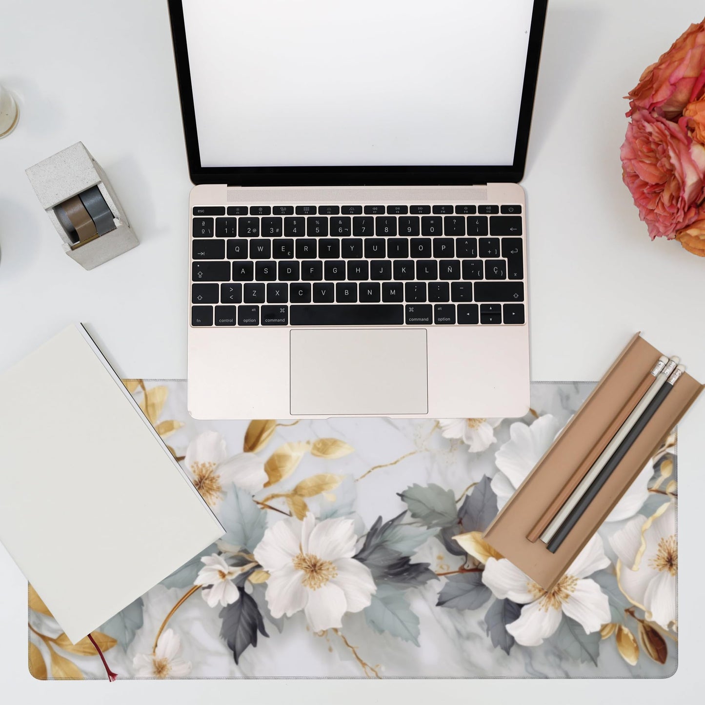 Eflxamz Desk Mat,White Gold Marble Desk Pad,White Flowers Golden Leaves Large Gaming Mouse Pad for Desk,Extended Big Computer Keyboard Mouse Pad with Non-Slip Base and Stitched Edge,35.4"x15.7"