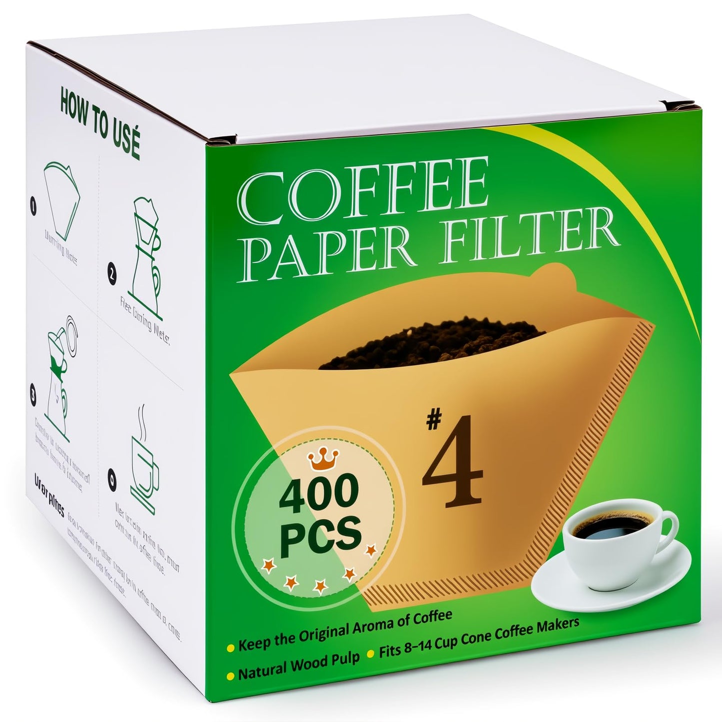 BYKITCHEN 400PCS #4 Cone Coffee Filters Fits 8-12 Cup & 14 Cup Coffee Makers, Size 4 Unbleached Disposable Coffee Filter Paper, Compatible with Ninja, Cuisinart 12-Cup/ 14-Cup & Drip Coffee Machine