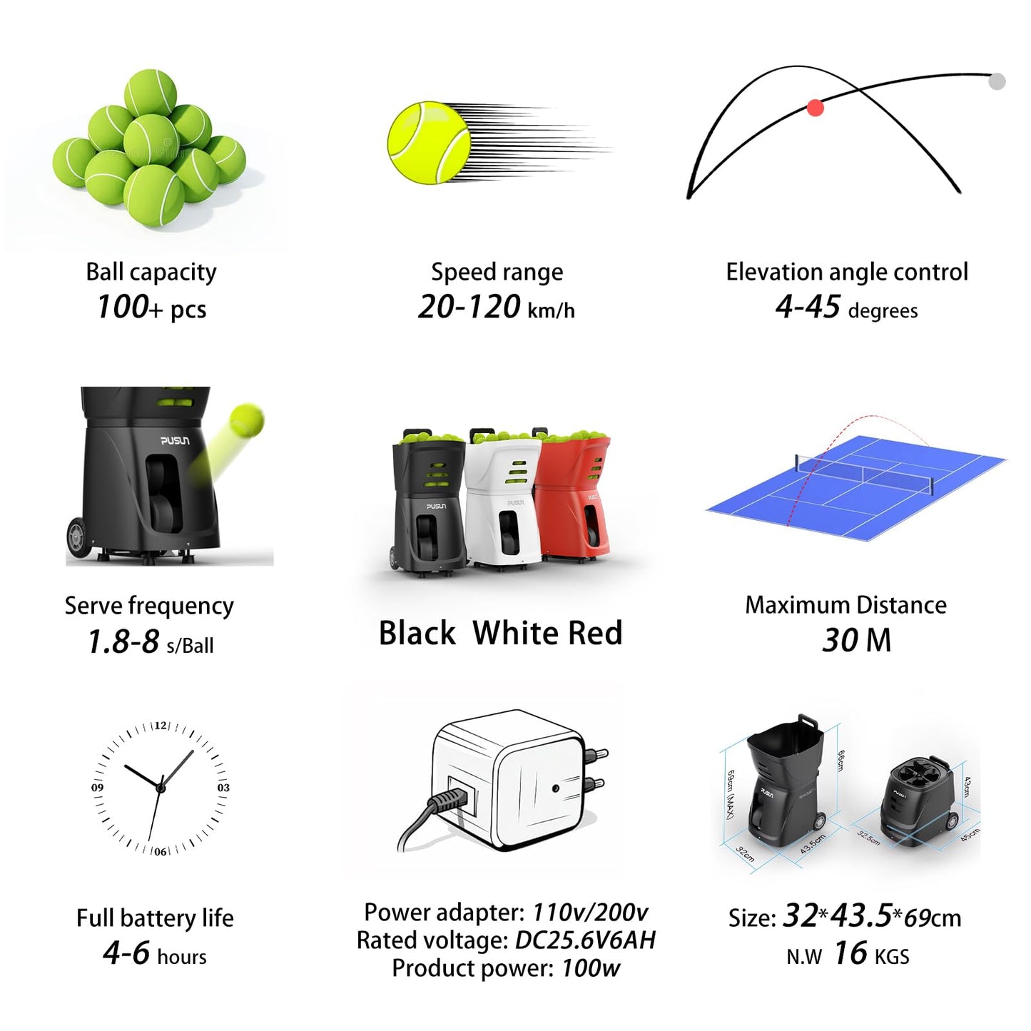 PUSUN PT-Smart Tennis Ball Machine with APP, Remote & for Apple Watch Control, 12 Training Modes, 20 Landing Points, 12–75 MPH Speed, 100+ Ball Capacity, Portable Tennis Ball Launcher