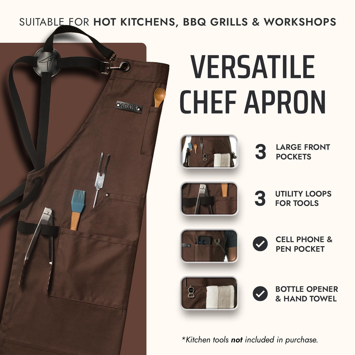 Asaya Chef & BBQ Apron with Pockets - Cross Back Canvas Cooking Apron for Women and Men, Adjustable Work & Grilling Aprons with Pocket, Bottle Opener and Hand Towel, 10oz Cotton Canvas (Brown)