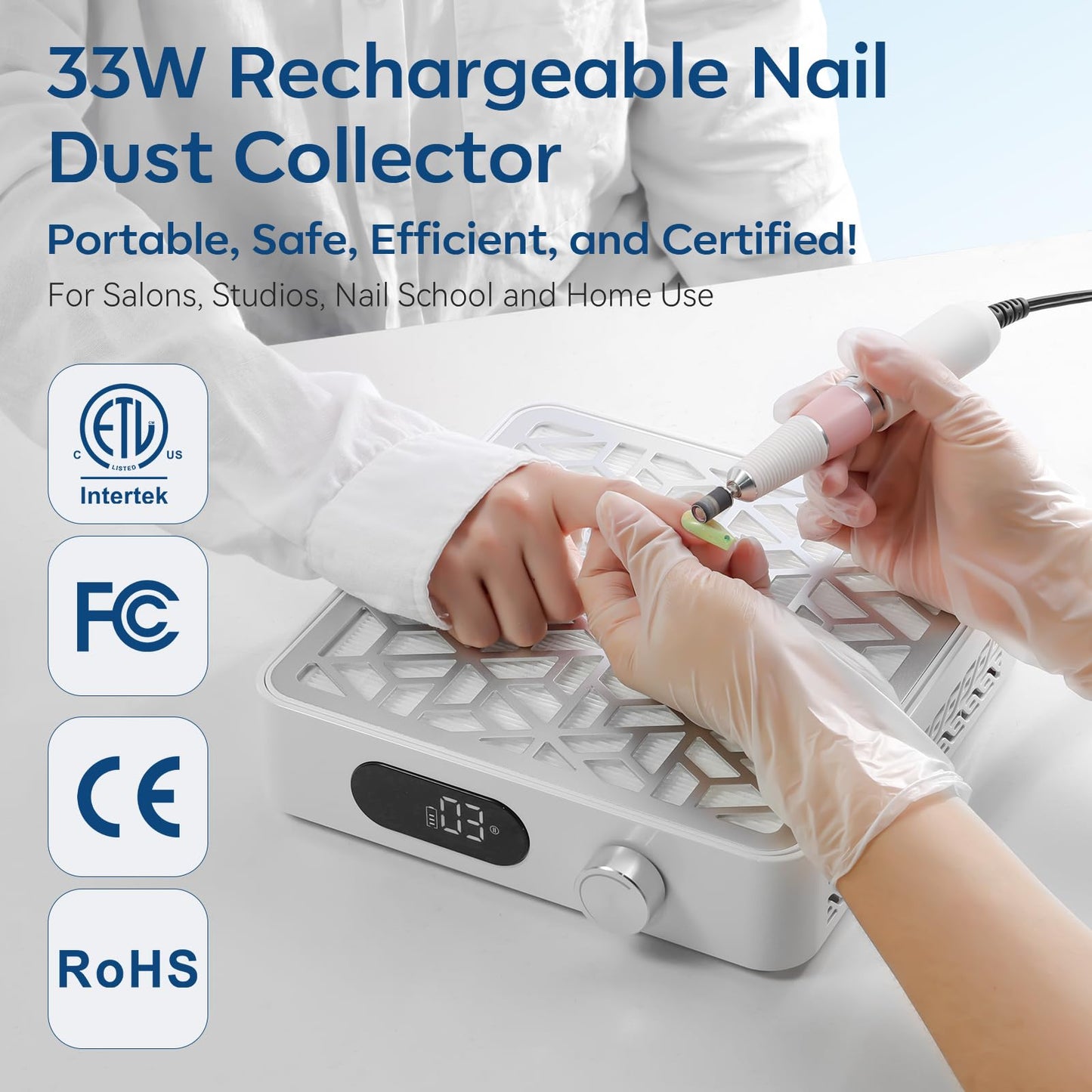 Makartt Nail Dust Collector - Brushless Cordless Dust Collector Nail Tech with 133CFM Strong Suction, LCD & 4H Battery, Portable Quiet Dust Extractor Vacuum for Acrylic Gel Dip Powder, DACCAL