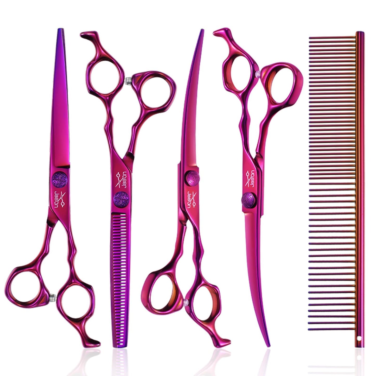 JASON Purple 6 in 1 Dog Grooming Scissors Set - Professional Thinner Set - 7" Thinning, Straight, Up-Curved, Down-Curved Scissors and Comb for Dog Cat Pet with Adjustable Screw