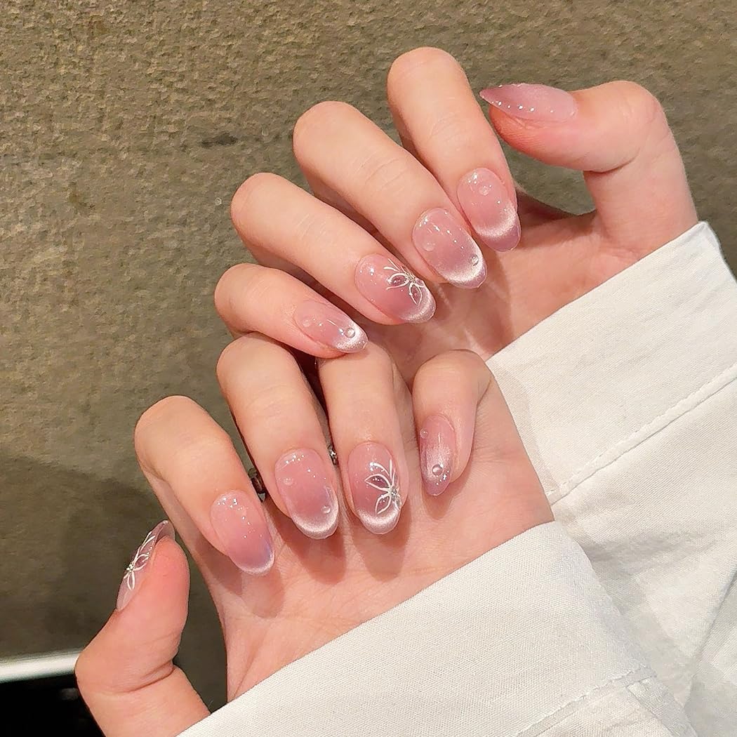 Handmade Press on Nails - Medium Pointed Almond Shape, Fake Nails Short Oval, Reusable Acrylic Stick on False Nails Kit for Women/K10-M