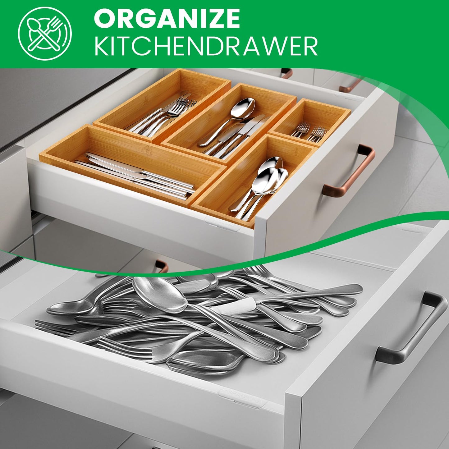 Bayting Bamboo Drawer Organizer Set, 5-Piece Storage Trays for Kitchen, Bathroom, Office Desk, Makeup & Junk Drawers,Utensils