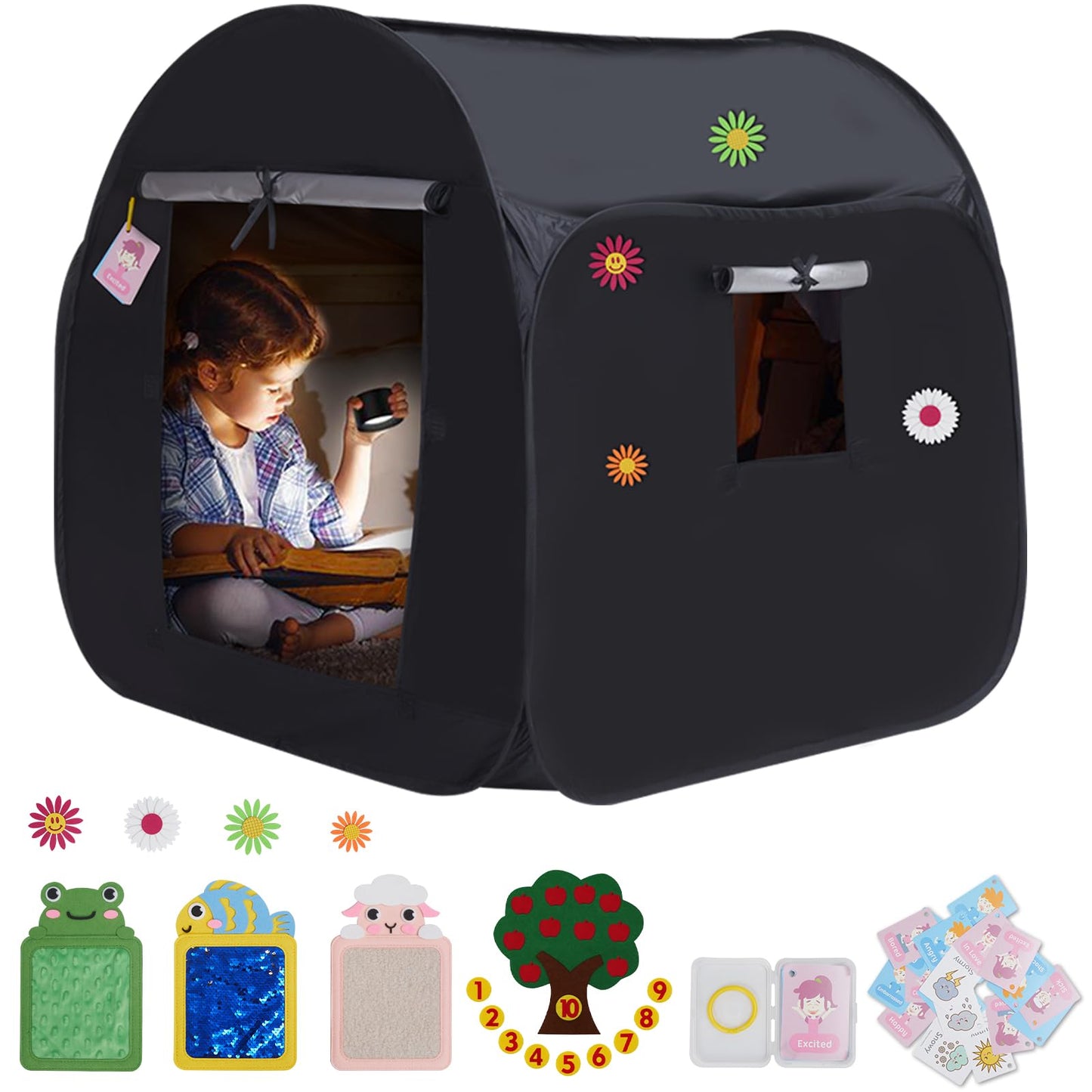 Kids Pop-up Sensory Tent, Foldable Blackout Tent for Children with Autism and ADHD, Calm Corner with Cognitive Toys Included, with Mesh Windows， Ideal for Kids with Special Sensory Needs