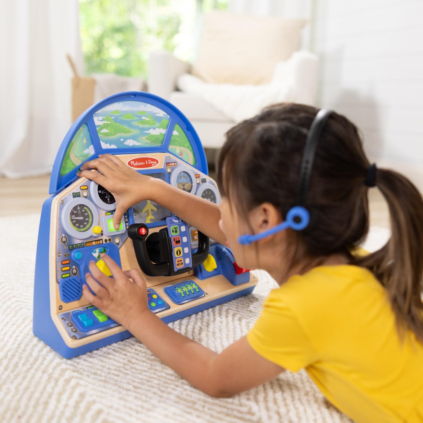 Melissa & Doug Jet Pilot Interactive Dashboard Wooden Toy for Boys and Girls Ages 3+ Cockpit Steering Wheel Pretend to Fly Experience, Fidget Buttons - FSC Certified
