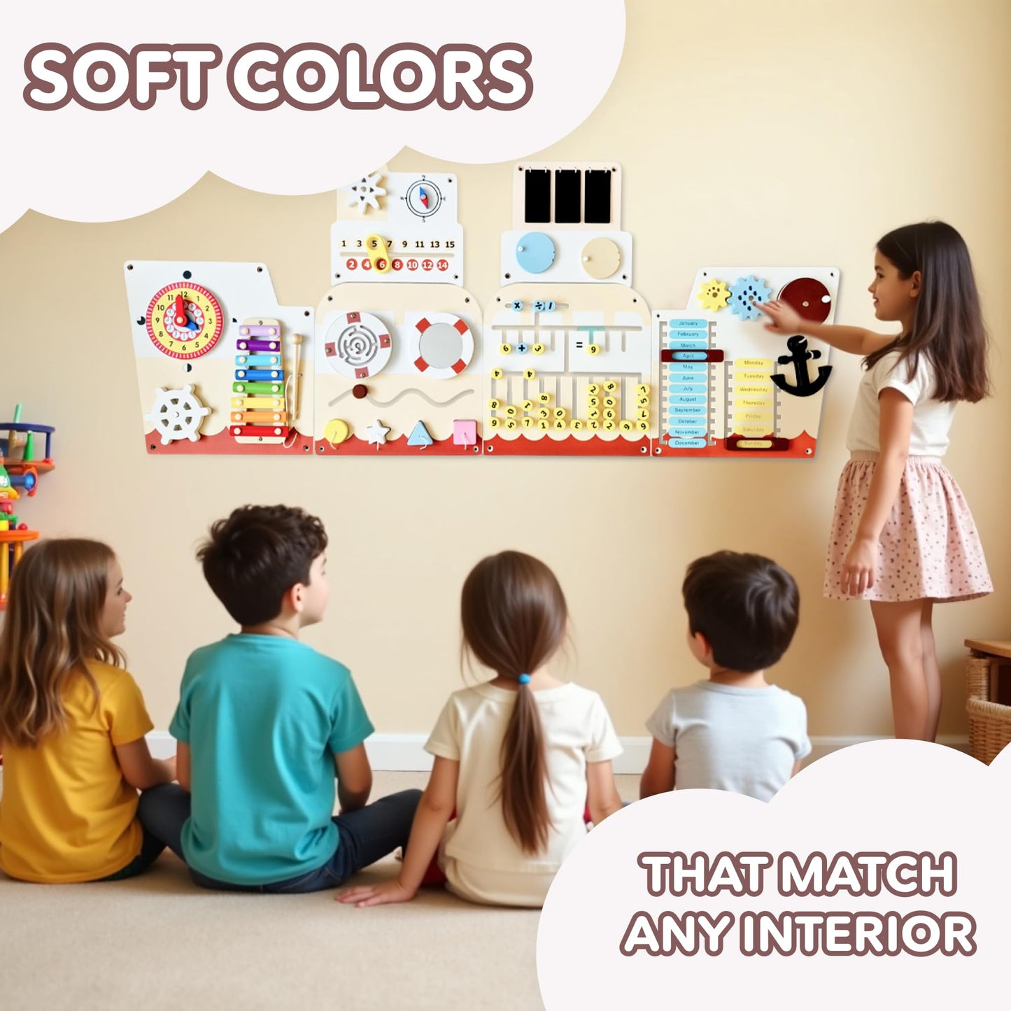 Cateam Sensory Wall Panel for Kids - Activity Wall Busy Board for Toddlers and preschoolers. 16in1 Learning Activity Center. Wooden Montessori Toys for Education and Early Development - Ship