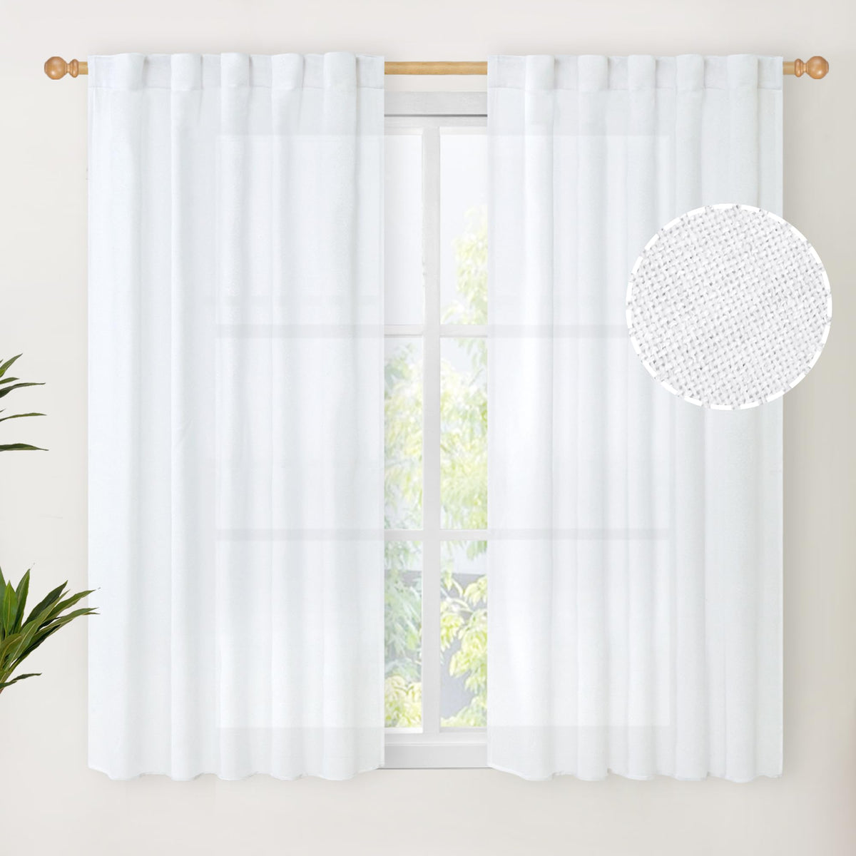 White Linen Semi Sheer Curtains 48 Inch Length 2 Panels (2 Count)
