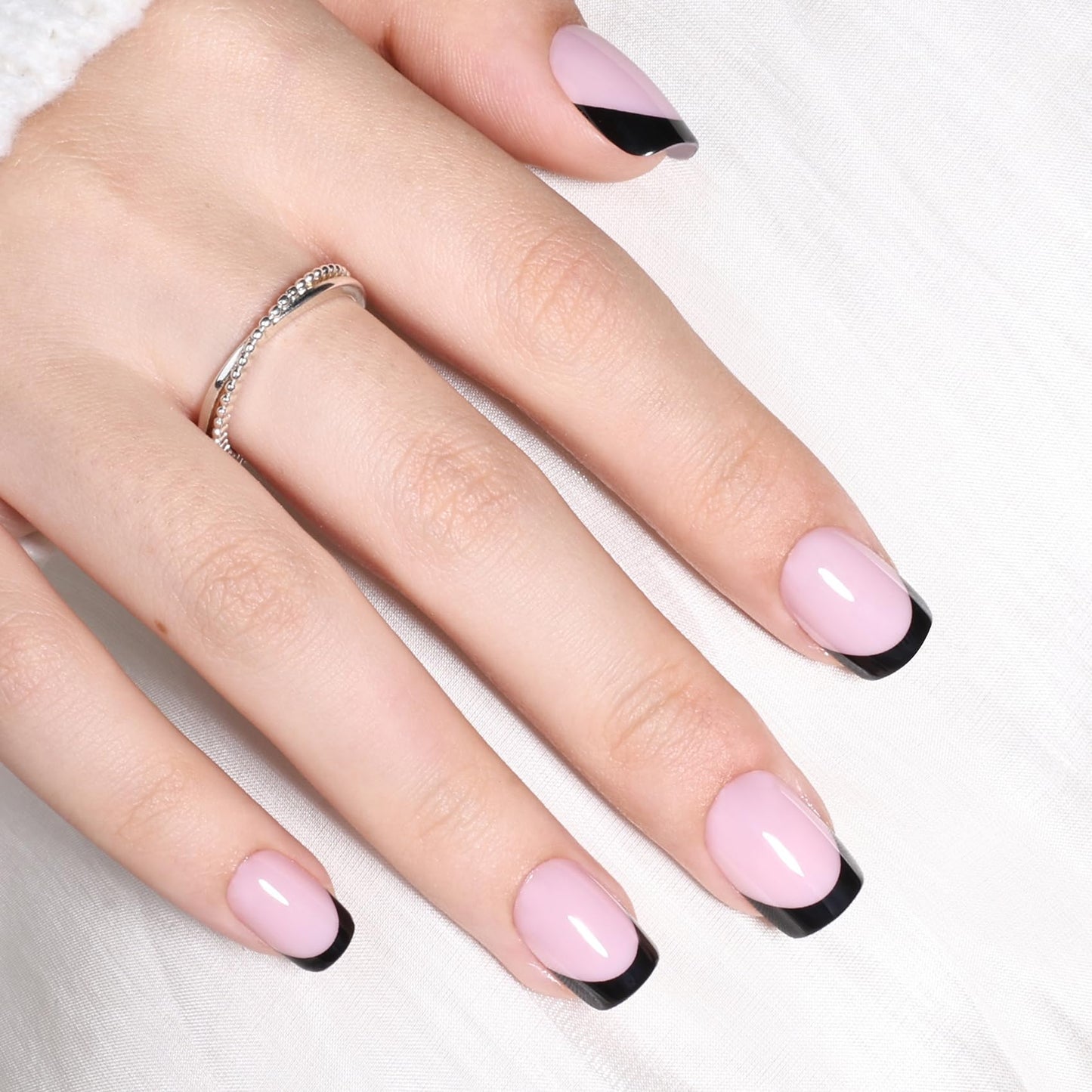 Black French Tip Press On Nails Short - Square Short Fake Nails with Nail Glue, Black French Tip Press On Nails Square Reusable Stick On Nails in 15 Sizes 30 Nail Kit for Women | Salon Quality