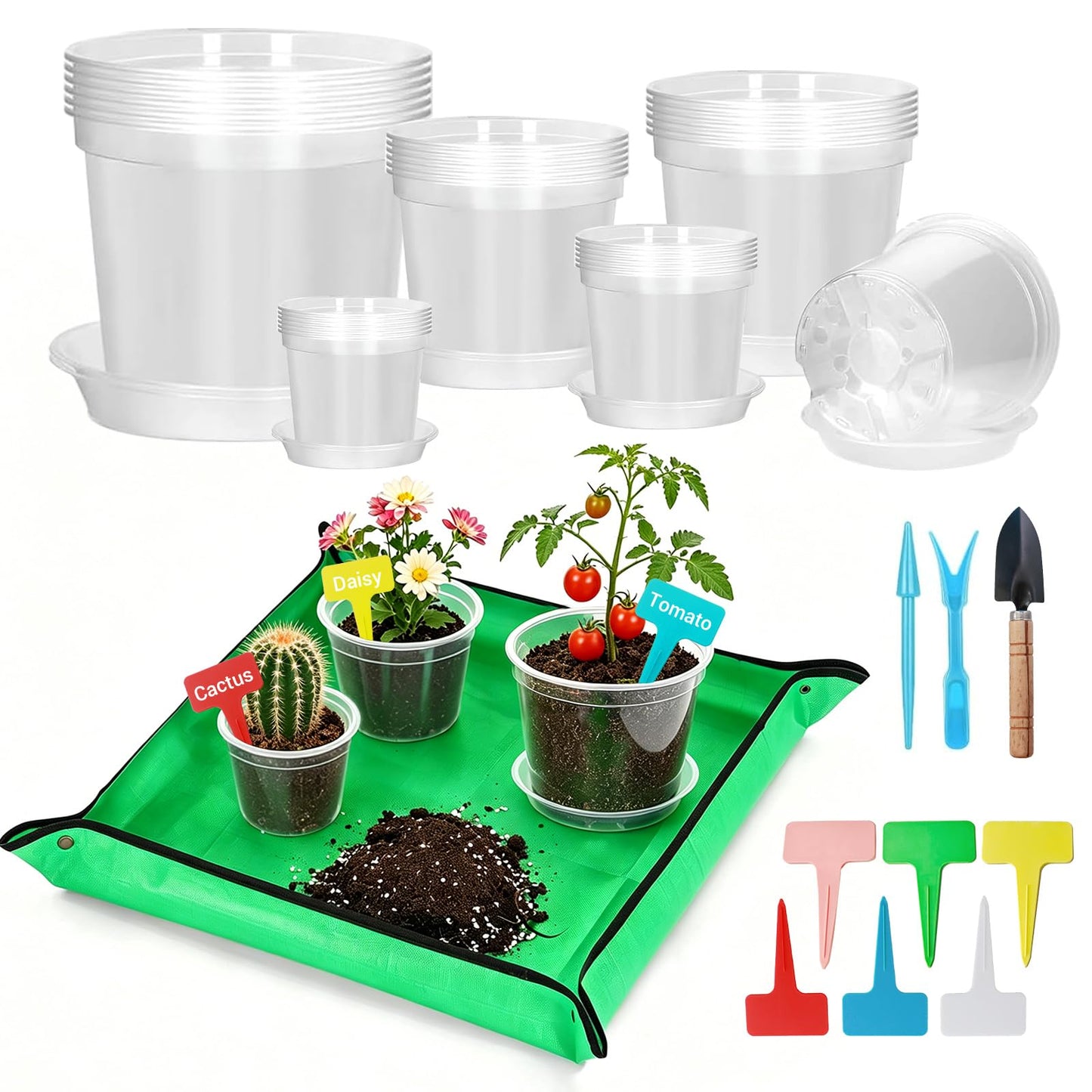 3/4/5/6/7 Inch Clear Plastic Nursery Pots with Drainage Holes and Saucers, 30Pcs Seedling Starter Flower Pots with Repotting Mat, Plant Labels and Tools Sets for Flower Herb, Succulent Transplanting