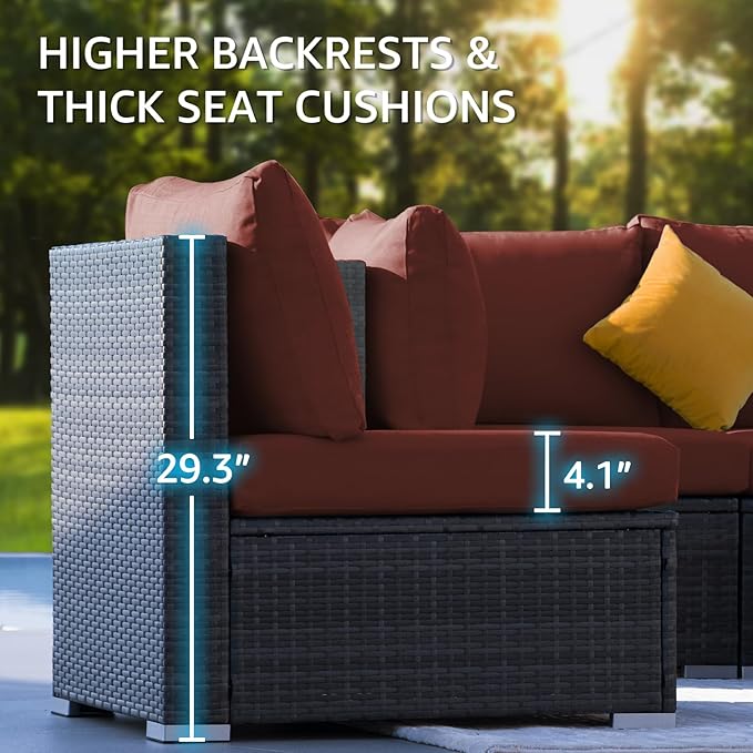 NICESOUL 13 Piece Outside Patio Set with Fire Pit Table, Non-Fading All Weather Deck Furniture Sets with Sun Loungers, Comfy Big Exterior Seat 10-Seater for Garden, Grey Wicker & Burgundy Cushion