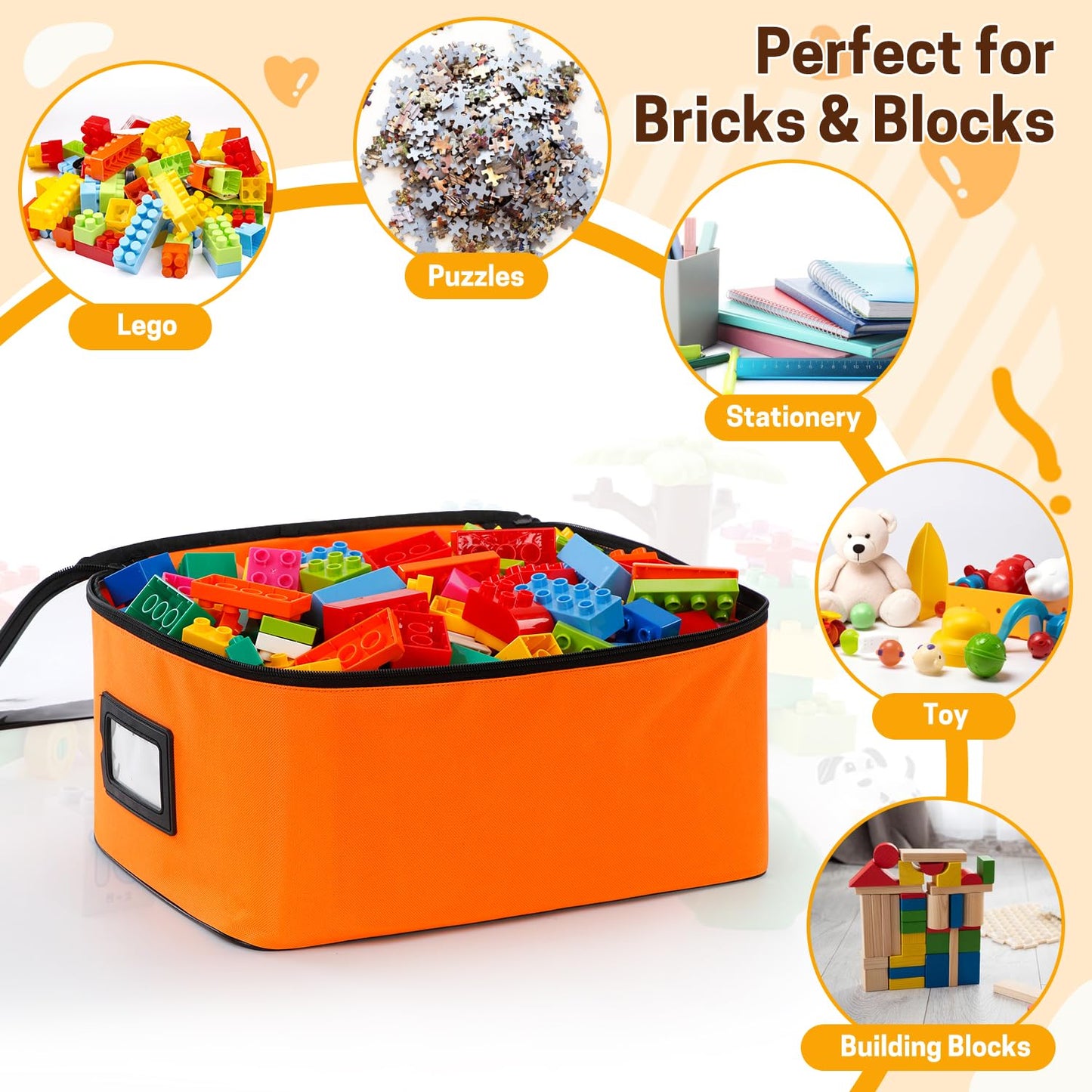 5 Pack Toy Storage Bags for LEGO & Building Blocks, Clear Toy Bins with Instruction Mesh Pocket & Label Window, Waterproof Zipper Pouches for Nursery Organization, Crafts, & Books (C)
