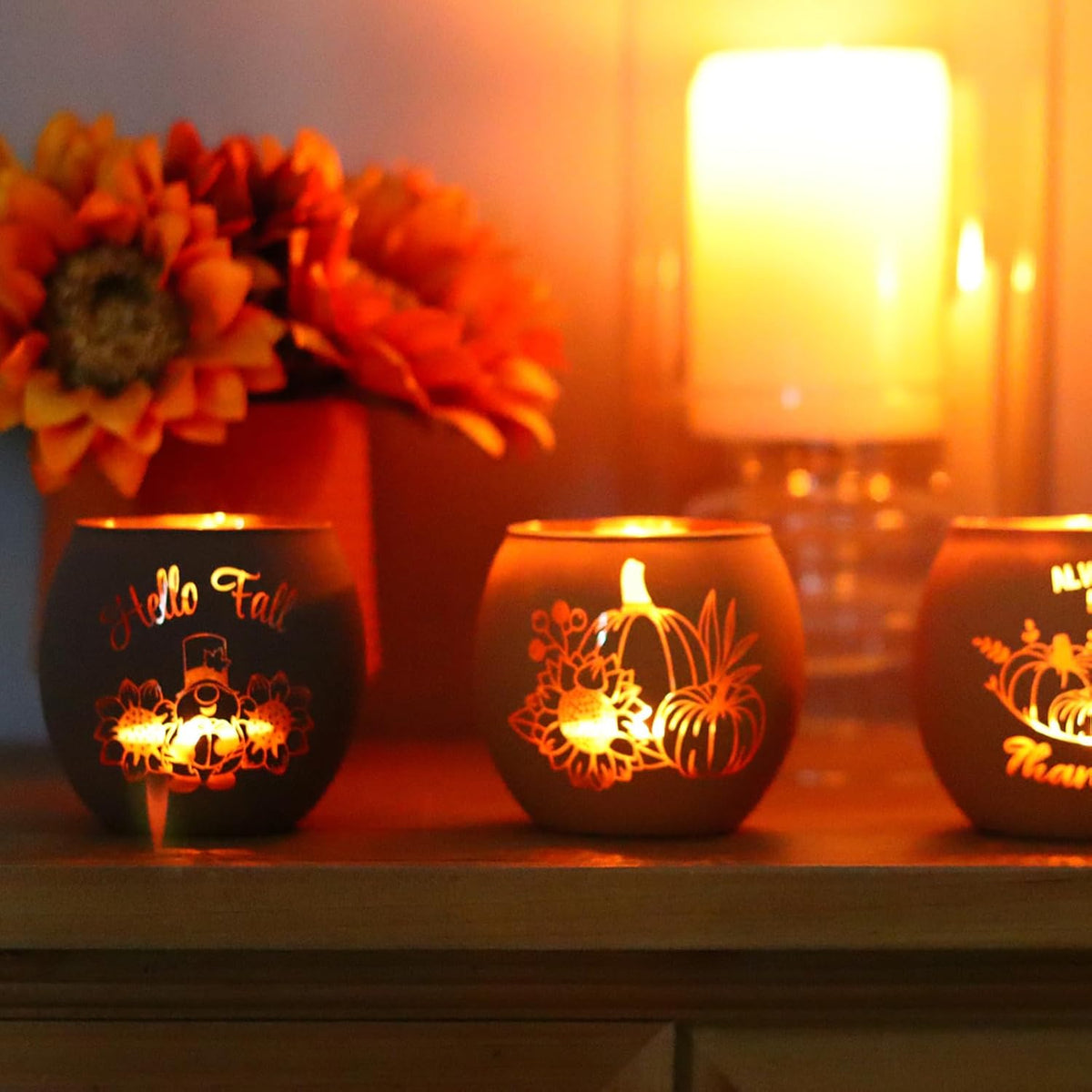 SHMILMH Fall Table Centerpiece Decorations Set of 12 Glass Votive Tealight Candle Holder for Wedding, Party, Thanksgiving, Fall Decor for Indoor and Outdoor