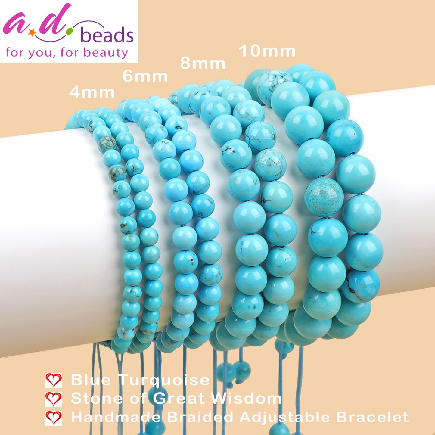 AD Beads 4mm Blue Turquoise - Wisdom - Handmade Natural Stone Crystal Bracelet with Adjustable Macrame String - Yoga Healing Power Energy Gifts for Men and Women