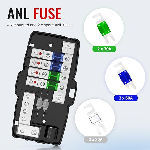 Joinfworld Fused Power Distribution Block Car Audio 4 Way MIDI(Mini-ANL) Fuse Block 12V 0/4 Gauge with Ground for Auto UTV Boat Stereo Amp