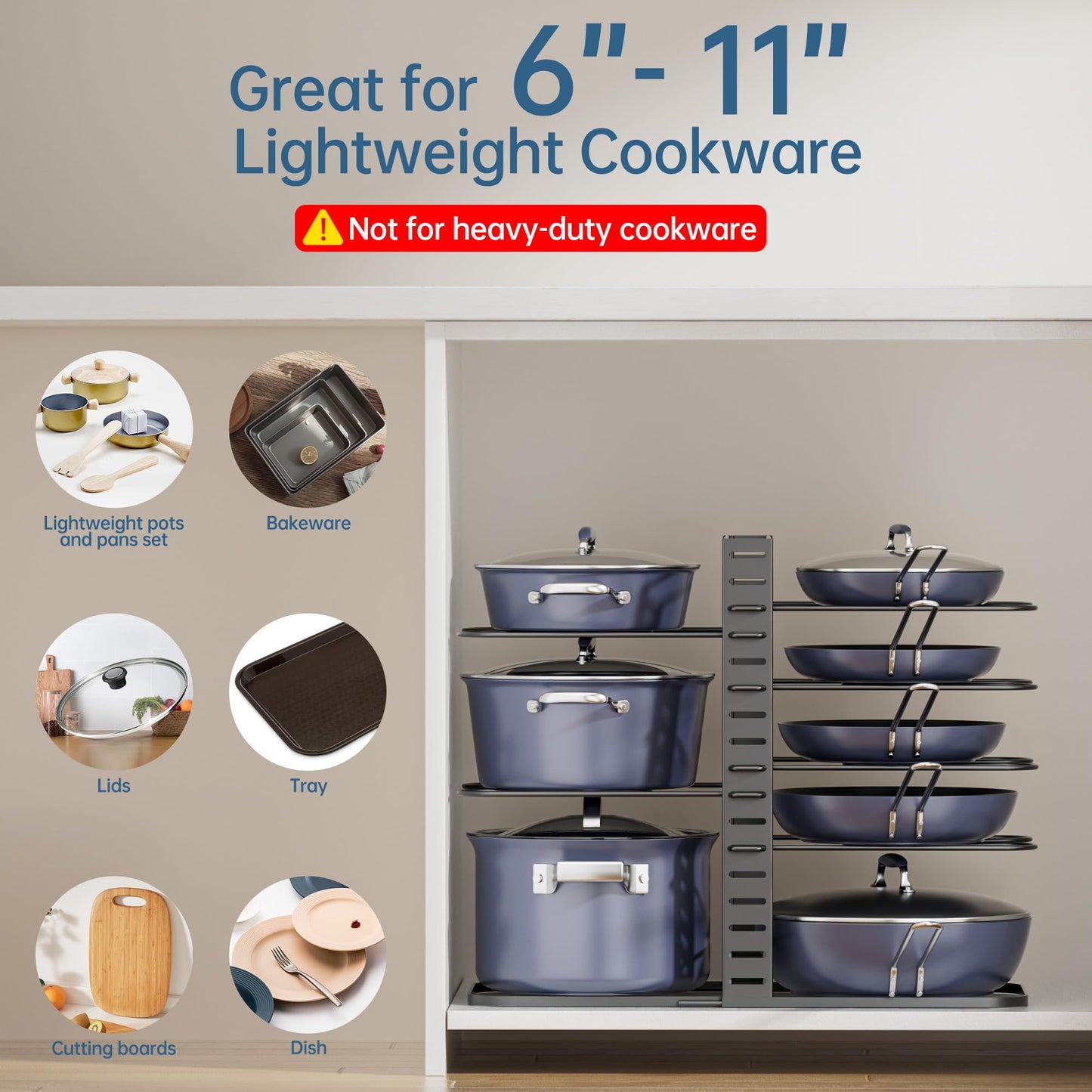 ORDORA Pots and Pans Organizer under Cabinet 14.55 Height, Adjustable 8-Tier Pot Organizers inside Cabinet, Kitchen Organizers and Storage Fit 6-11 inch Lightweight Cookware