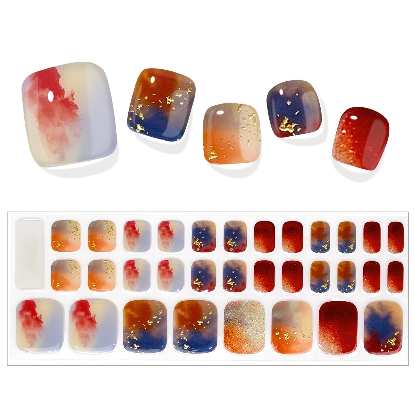 SILPECWEE Semi Cured Gel Nail Strips for Toes (Restful Sunset Glow - 32PCS), UV Light Required | Salon Quality | Long Lasting Toe Nail Stickers Gel Nails Wraps for Women Girl Manicure
