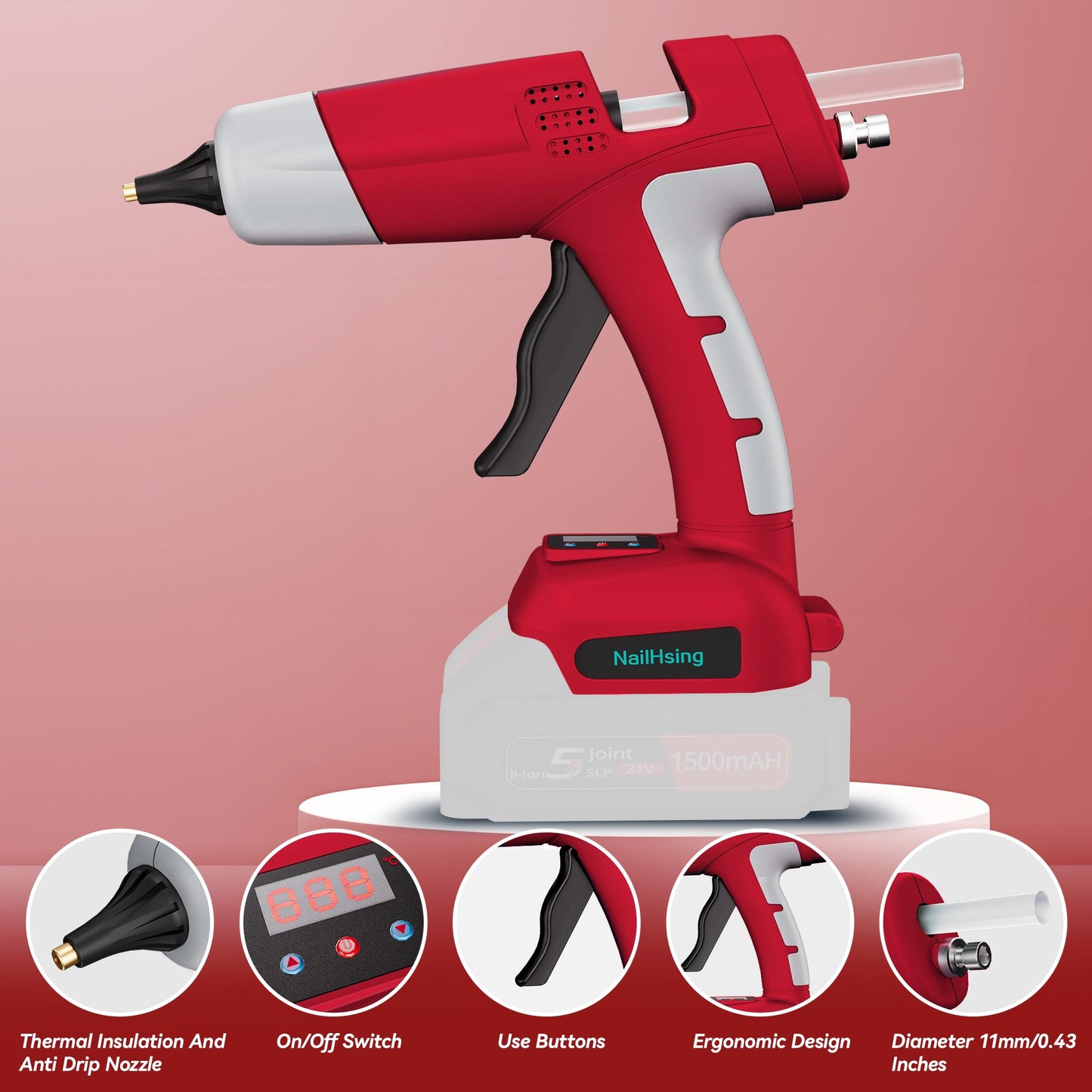 NailHsing 18V Cordless Hot Glue Gun with Temp Adjust & LCD Digital Display Fast Preheating Hot Glue Gun Full Size with 30Pcs Premium Sticks for DIY Crafts, Repair and Construction (Tool Only)