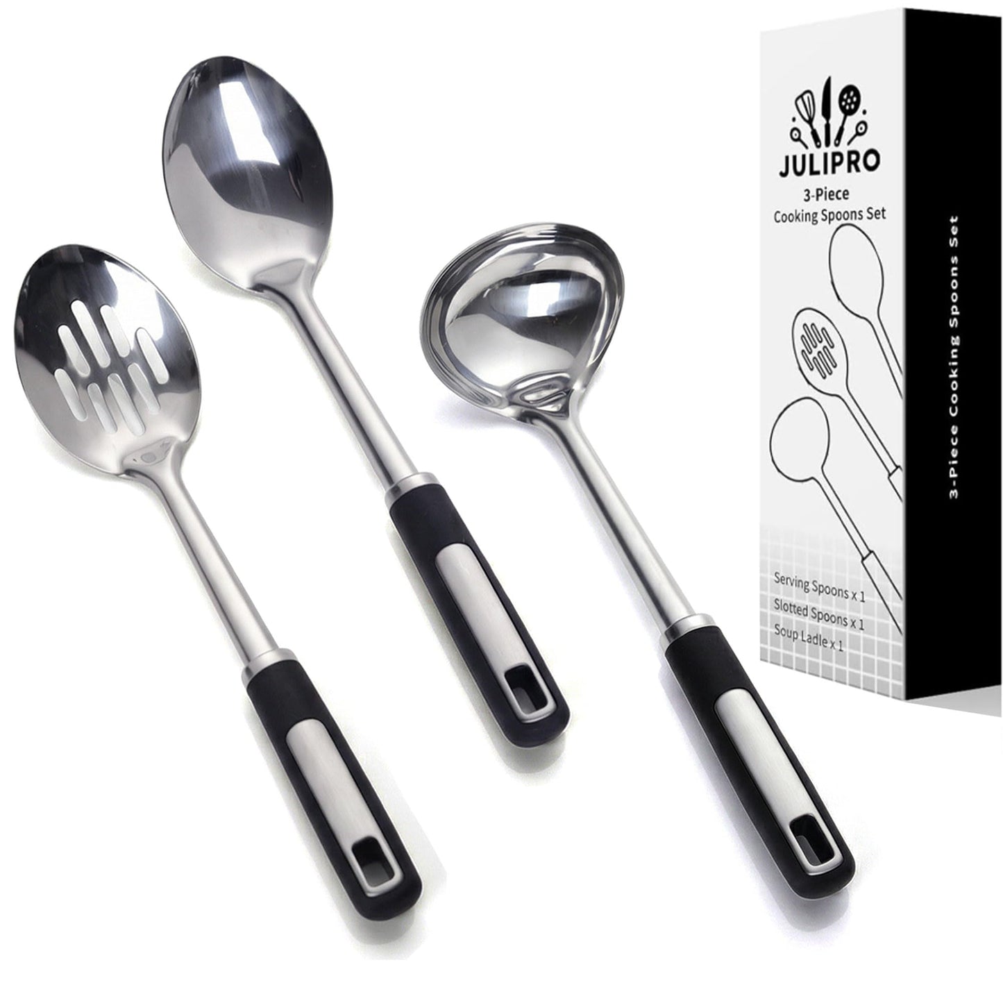 Stainless Steel Cooking Spoons Set – Includes Slotted Spoon, Serving Spoon & Soup Ladle, Heat-Resistant, Dishwasher Safe, Ergonomic Handles for Home & Commercial Use