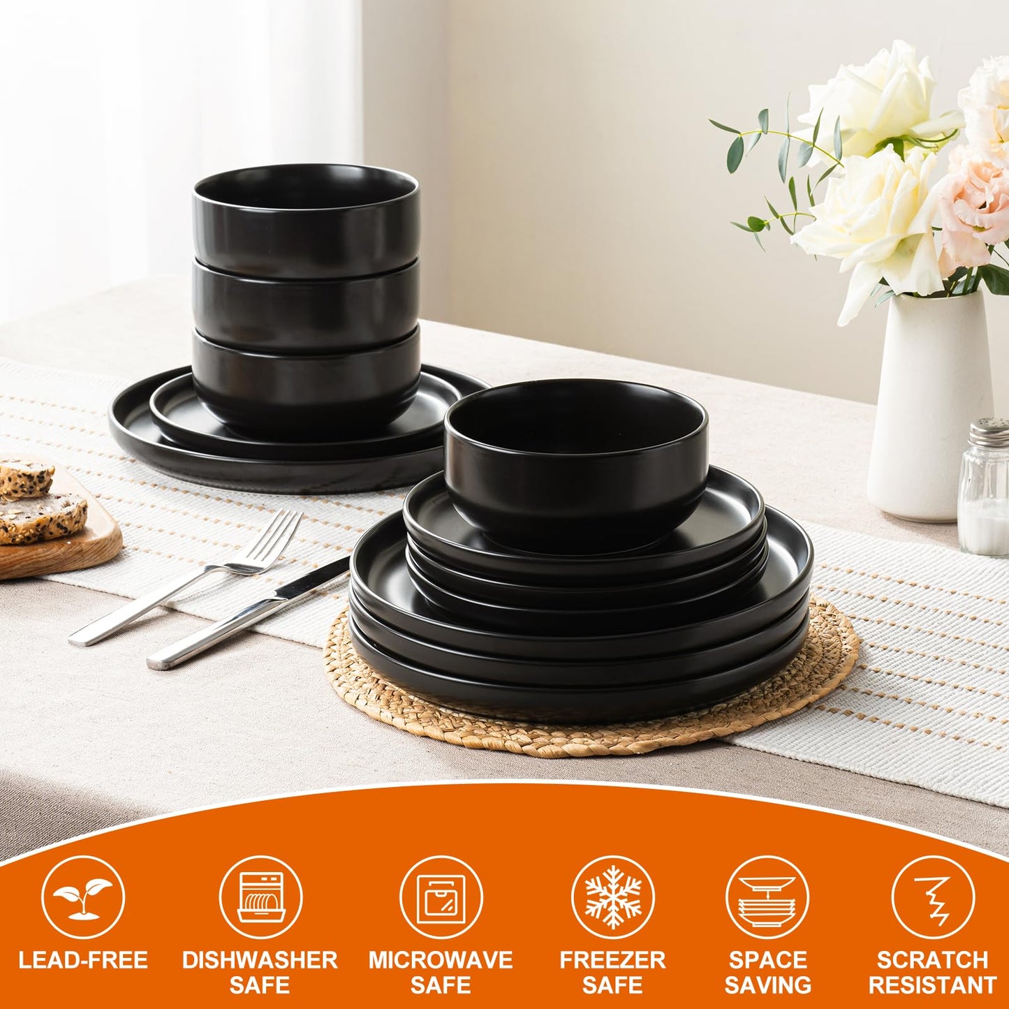 EWFEN Plates and Bowls Sets, 12 Pieces Ceramic Dinnerware Set for 4, Stoneware Dishware Dishes Set, Scratch Resistant Dishes Set, Dishwasher & Microwave Safe, Black