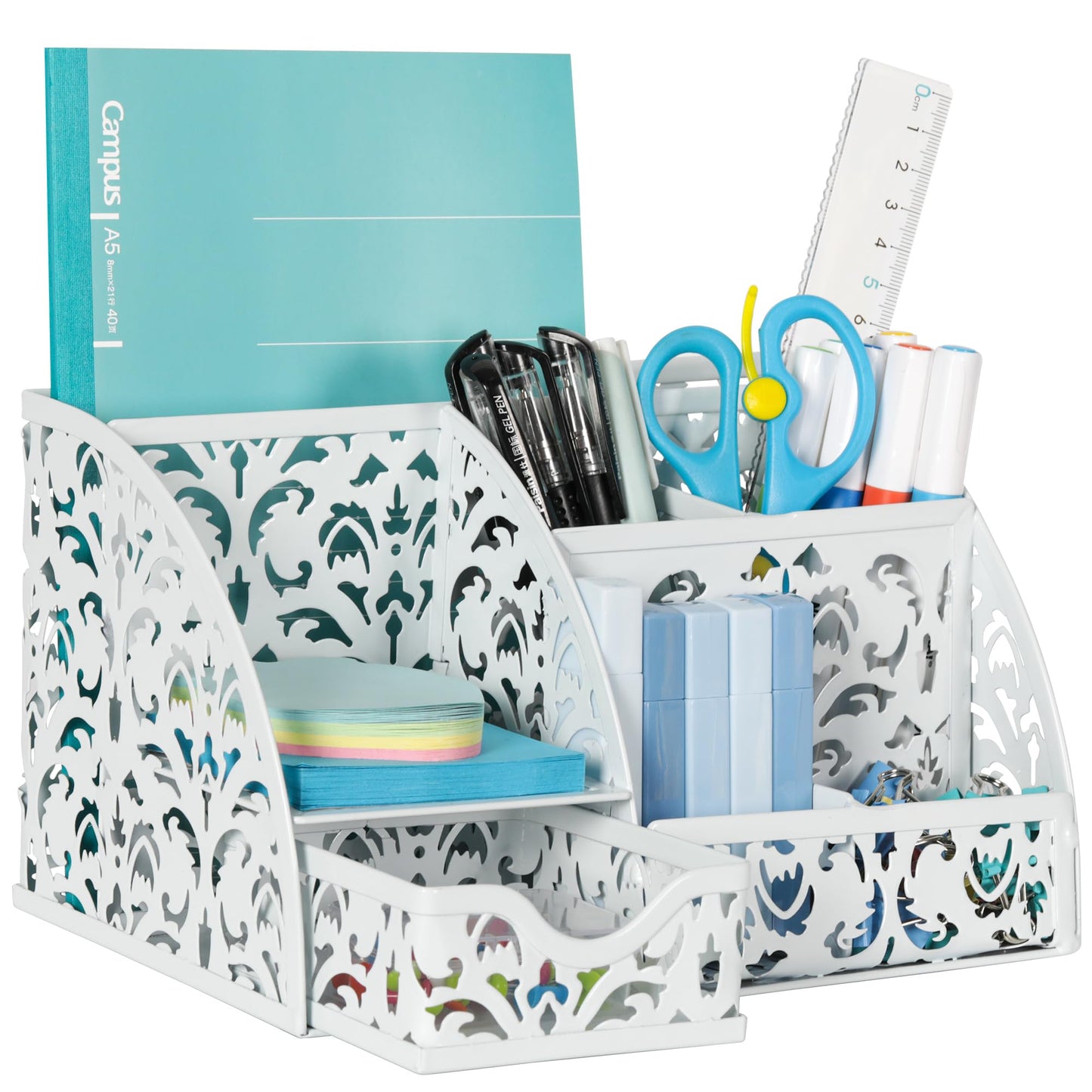 EasyPAG Desk Organizer and Pen Holder for Desk, Mesh Office Supplies Storage Caddy with Drawer for Small Space, Desktop Organizer for Home Office, White
