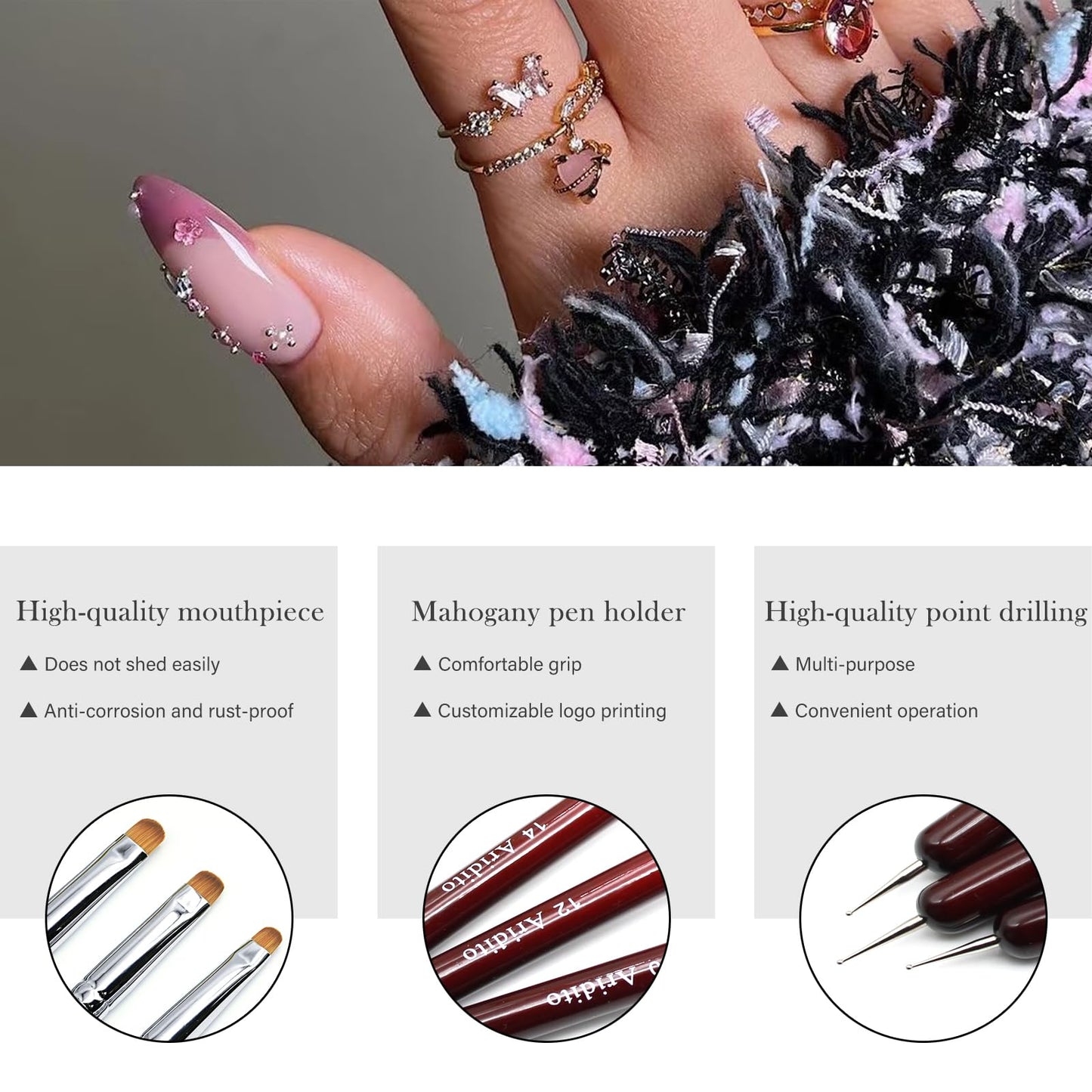 Aridito 4Pcs Professional Acrylic French Manicure Clean-Up Brushes & Dotting Pens - Red Wood Handles, Precision Tips (#10#12#14#16) for Nail Art, Cuticle Care