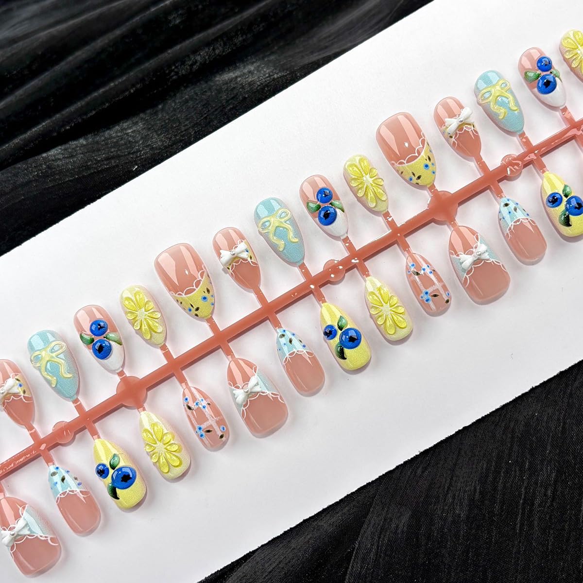 30Pcs Summer Press on Nails Medium Almond Fake Nails 3D Cute Blueberry Lemon Press Ons Glossy Design Stick on Nails French Tip False Nails Reusable Holiday Fruit Glue on Nails for Women Acrylic DIY