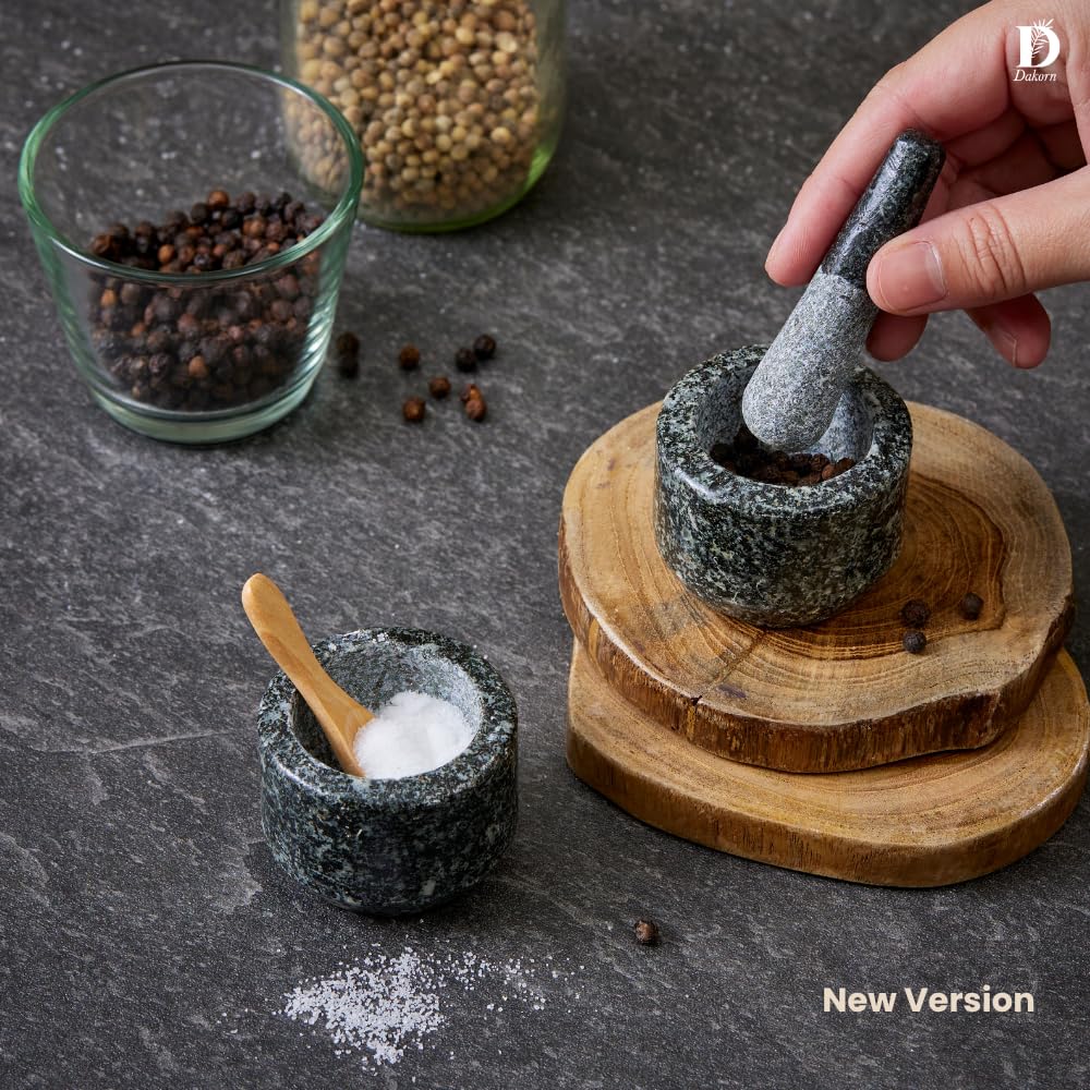 Dakorn 2" Tiny Mortar and Pestle Set with Wooden Spoon, 2 Inch, Small, Compact, Mini, Grinding and Crushing Tiny Amounts of Herbs, Spices, 100% Granite with Unpolished Inside, Creative Gift, Giftable
