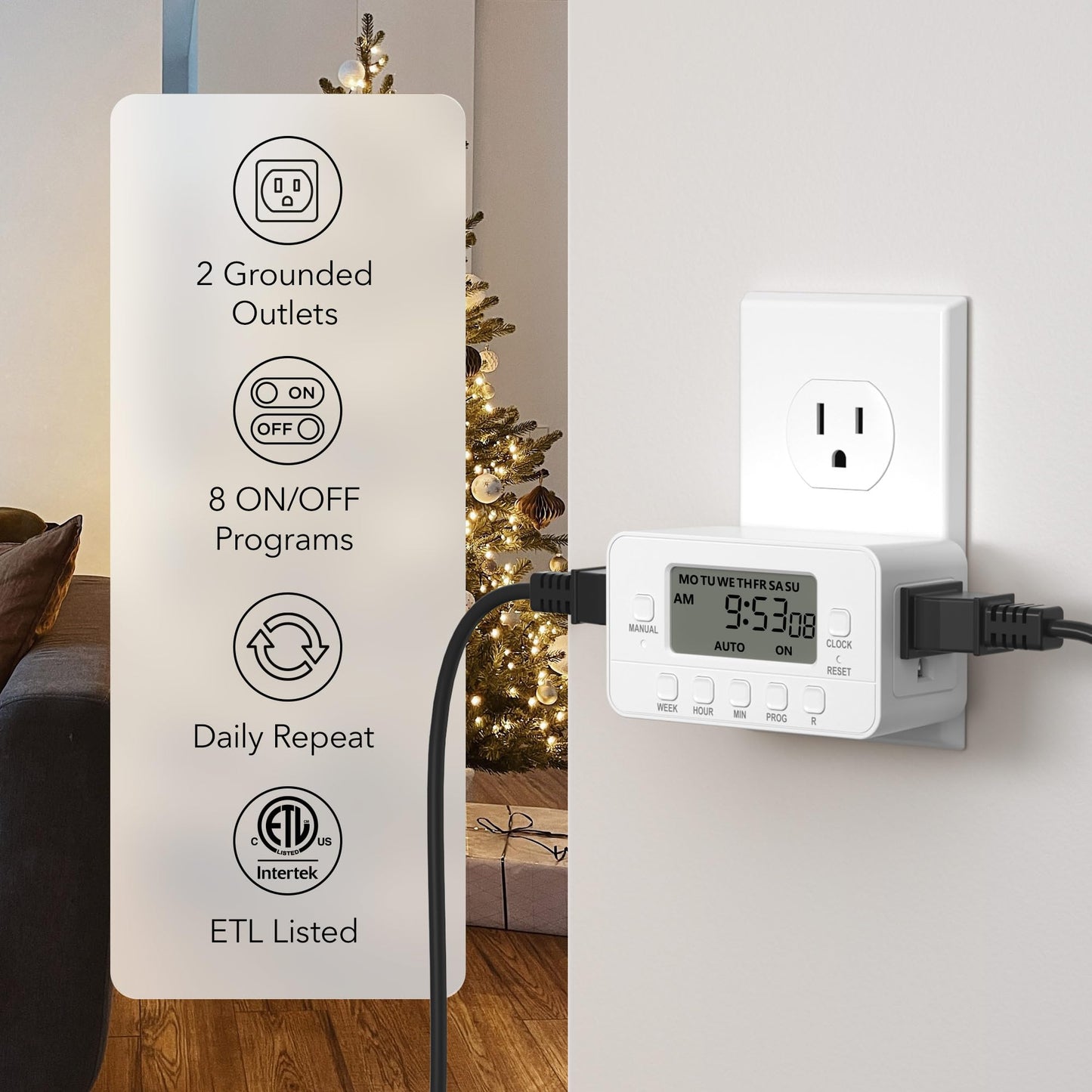 BN-LINK 7-Day Heavy Duty Digital Timer with Dual Outlet, LCD Display, 3-Prong Programmable Design, for Lights, Fans, Coffee Machine, Home, Kitchen, Office, Indoor Use, 125V 15A 1875W, 1 Pack