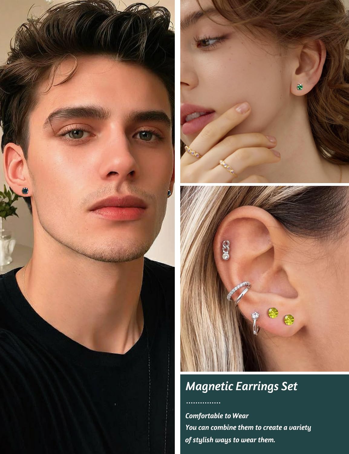 SIISPRI 4 Pairs Stainless Steel Magnetic Stud Earrings for Men Women Hypoallergenic Inlaid Cubic Zirconia Unisex Non-Piercing Clip On Stud Diamond Earrings Set