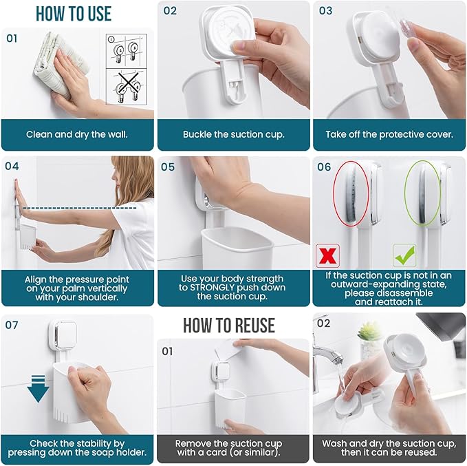 TAILI 2 Pack Suction Toothbrush Holder for Shower Wall, No Nail, No Glue! Self-draining Shower Cup for Toothpaste, Toothbrush, Kitchen Tableware, Strong Suction Cup Razor Holders for Bathroom, White