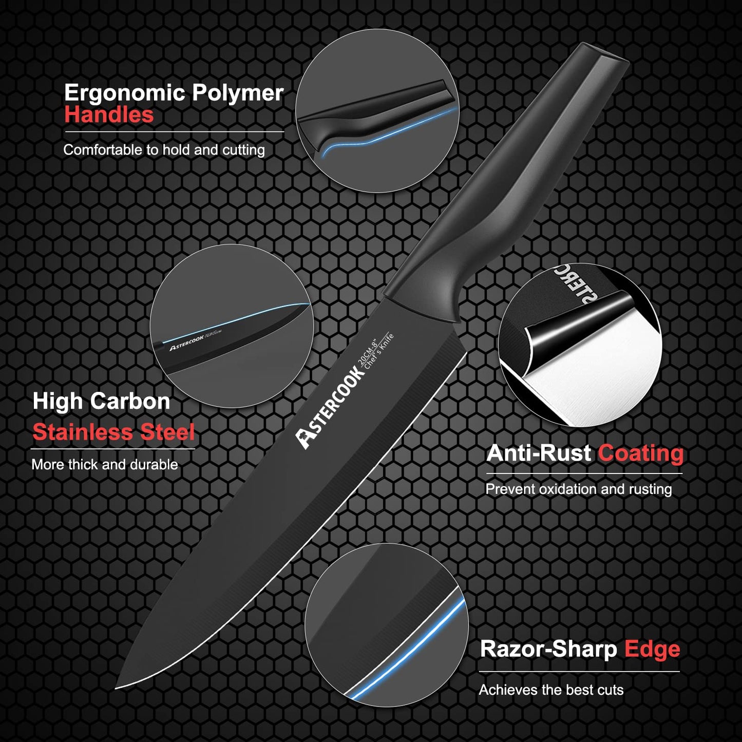 Knife Set, Astercook 21 Pieces Knife Sets for Kitchen with Block, Dishwasher Safe Kitchen Knife Set with Built-in Sharpener, German Stainless Steel Black Knife Block Set Mothers Day Gifts