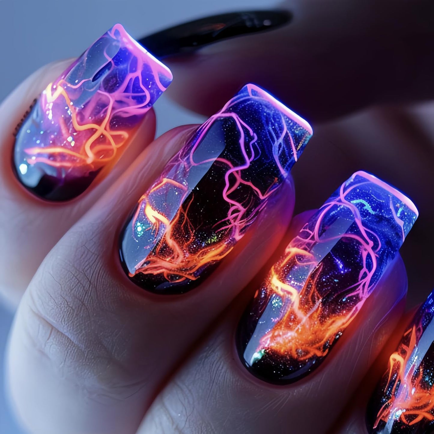Press On Medium Square Aurora Blue Lightning Stripe Smudge Design False Nails - Full Cover Acrylic Coffin Nails, Reusable Glue On, DIY Stick On for Women - 24Pcs