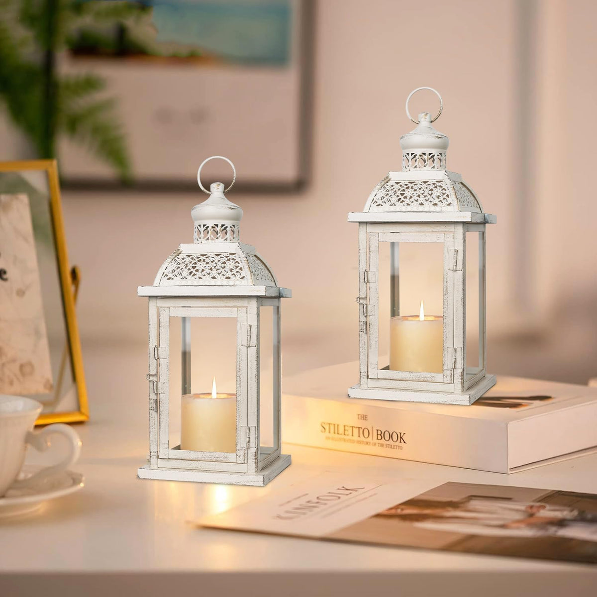 DECORKEY Lantern Decorative Indoor&Outdoor, 2 Pack 14.4'' Large Metal Candle Lanterns, Vintage Hanging Candle Holders for Farmhouse Wedding Front Porch Patio, Halloween Christmas Decorations for Home